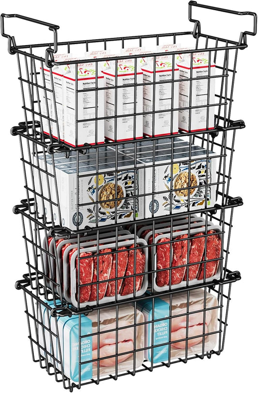 Freezer Organizer Bins - Fit 10 to 20 Cu.FT Deep Freezer, Stackable Chest Freezer Organizer Sort Frozen Food and Easily Get with Handle, 4 Pack Chest Freezer Bins, Black