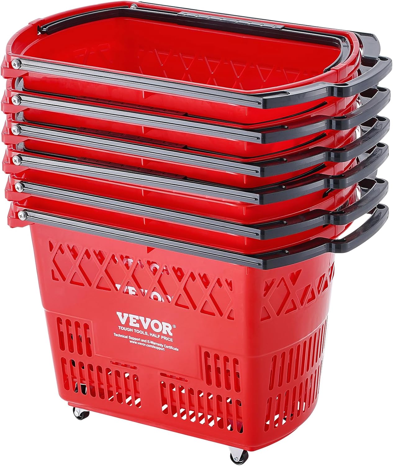 VEVOR Shopping Carts with Handles, 6PCS, 39L Plastic Rolling Shopping Basket with Wheels, Large Portable Shopping Basket Set for Supermarkets, Retail Stores, Grocery Shopping, Red
