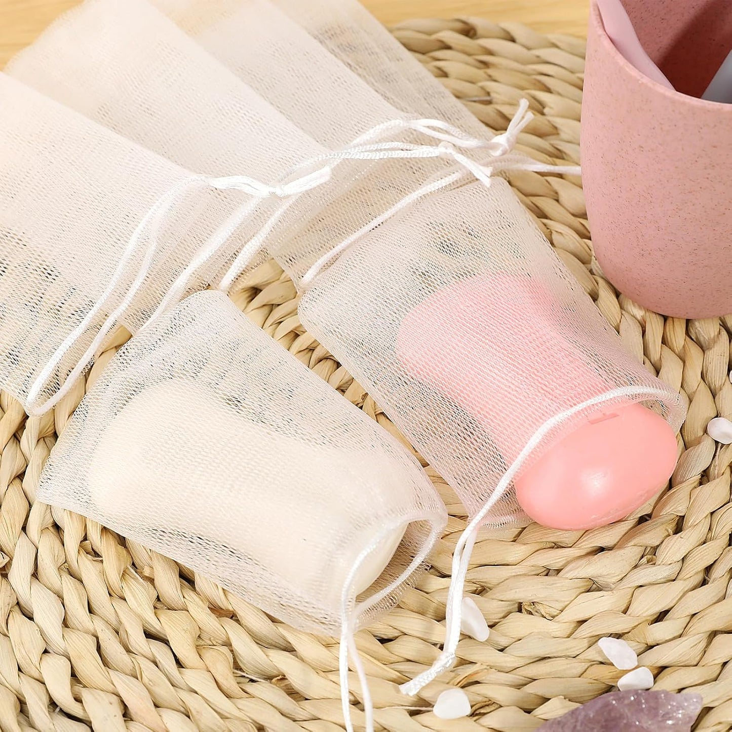 Mozeat Lens 20 PCS Exfoliating Mesh Soap Saver Pouch Bag Mesh Soap Bag Handmade Soaps Bubble Meshs Net Bags with Drawstring Meshs Foaming Net Soaps Sack Bags for Bath & Shower