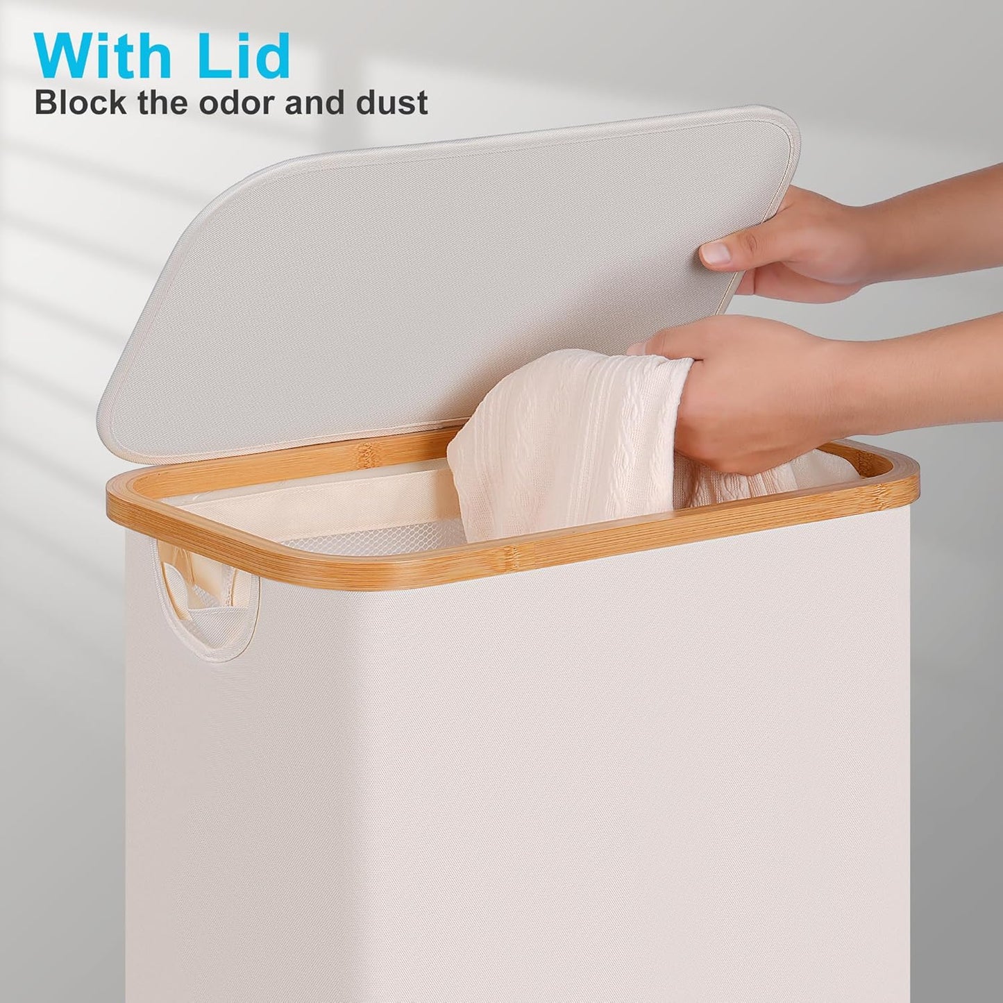 efluky Slim Laundry Basket with Wheels, Narrow Rolling Laundry Hamper with Lid and Removable Bag, Aesthetic Dirty Clothes Hamper on Wheels for Laundry Room, Bedroom, Dorm and Bathroom, 75L Beige