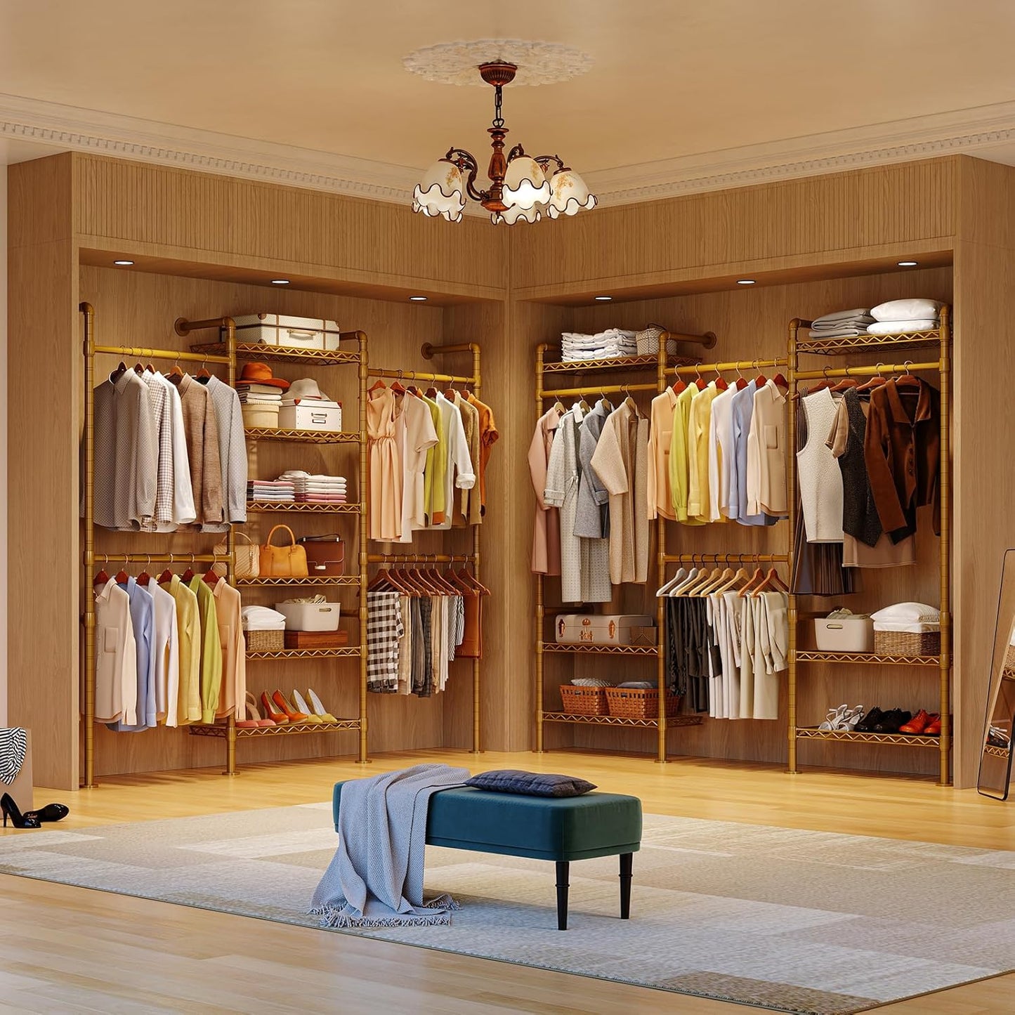 ONBRILL H3 Wall Mounted Closet System, Expandable Industrial Pipe Clothes Rack Clothing Rack for Hanging Clothes, Heavy Duty Closet Organizers and Storage in Wardrobe Closet, Gold