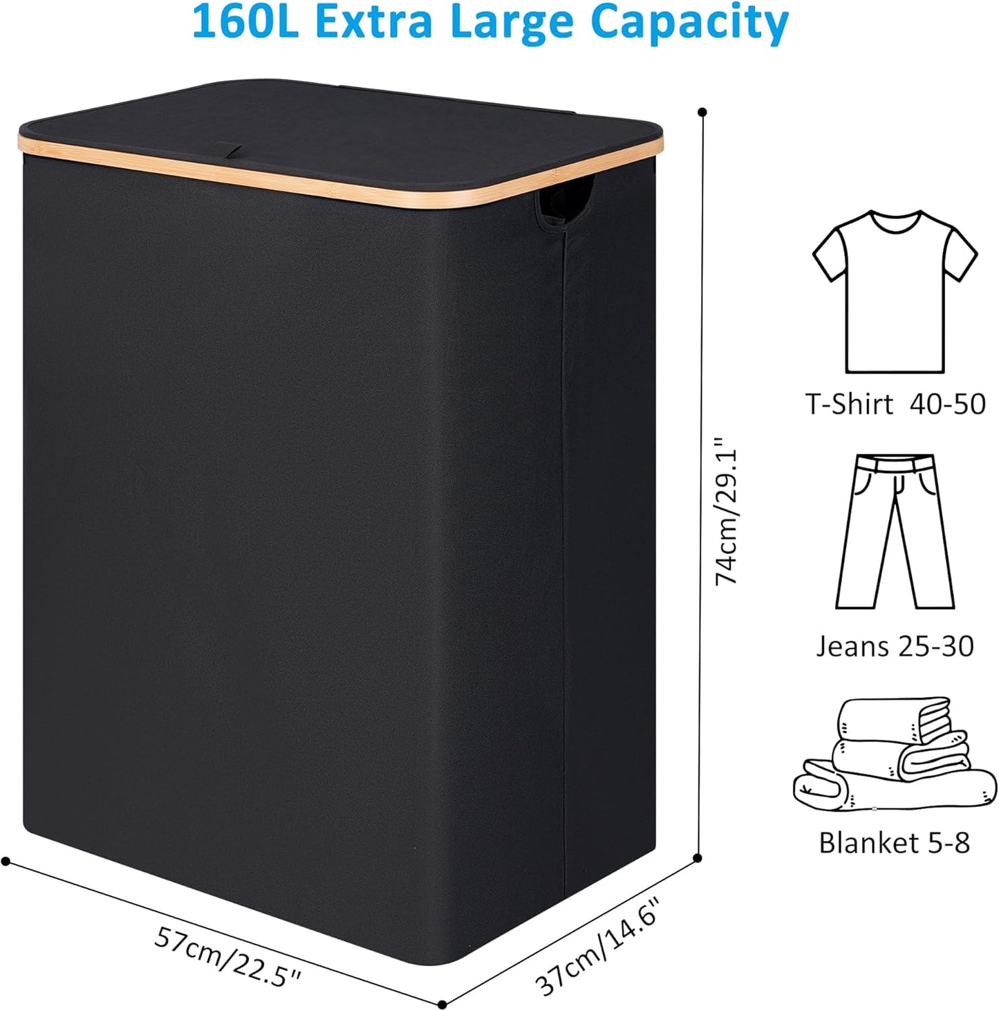 efluky Double Laundry Hamper with Lid, Divided Laundry Hamper with Removable Bags, 2 Section Dirty Clothes Basket with Handles for Bathroom, Bedroom & Laundry Room, 160L Black