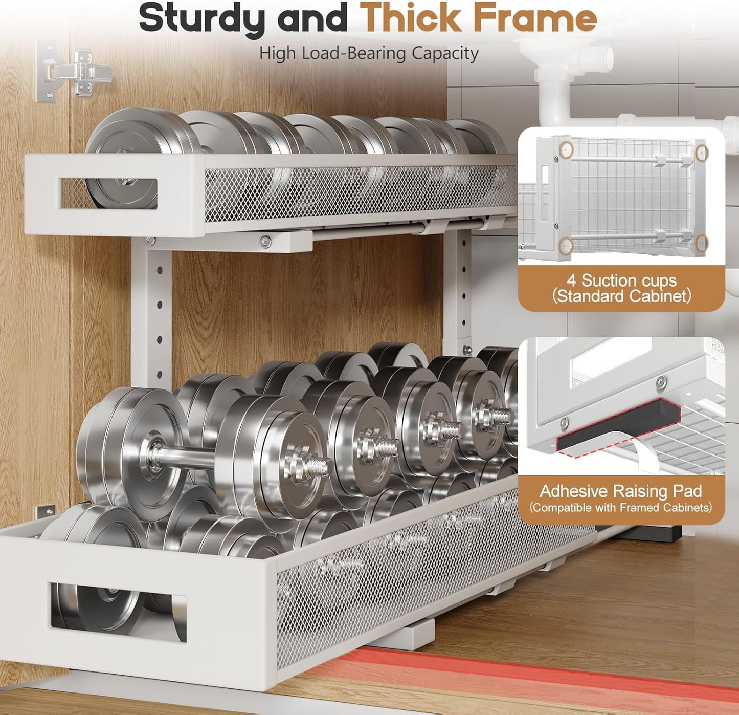 1 Pack 20.47IN Depth Under Sink Storage Organizer, Large 2-Tier Elegant Mesh Pull Out Shelf for Kitchen and Bathroom Cabinet Organization, L-Shaped and Adjustable Height Design-White