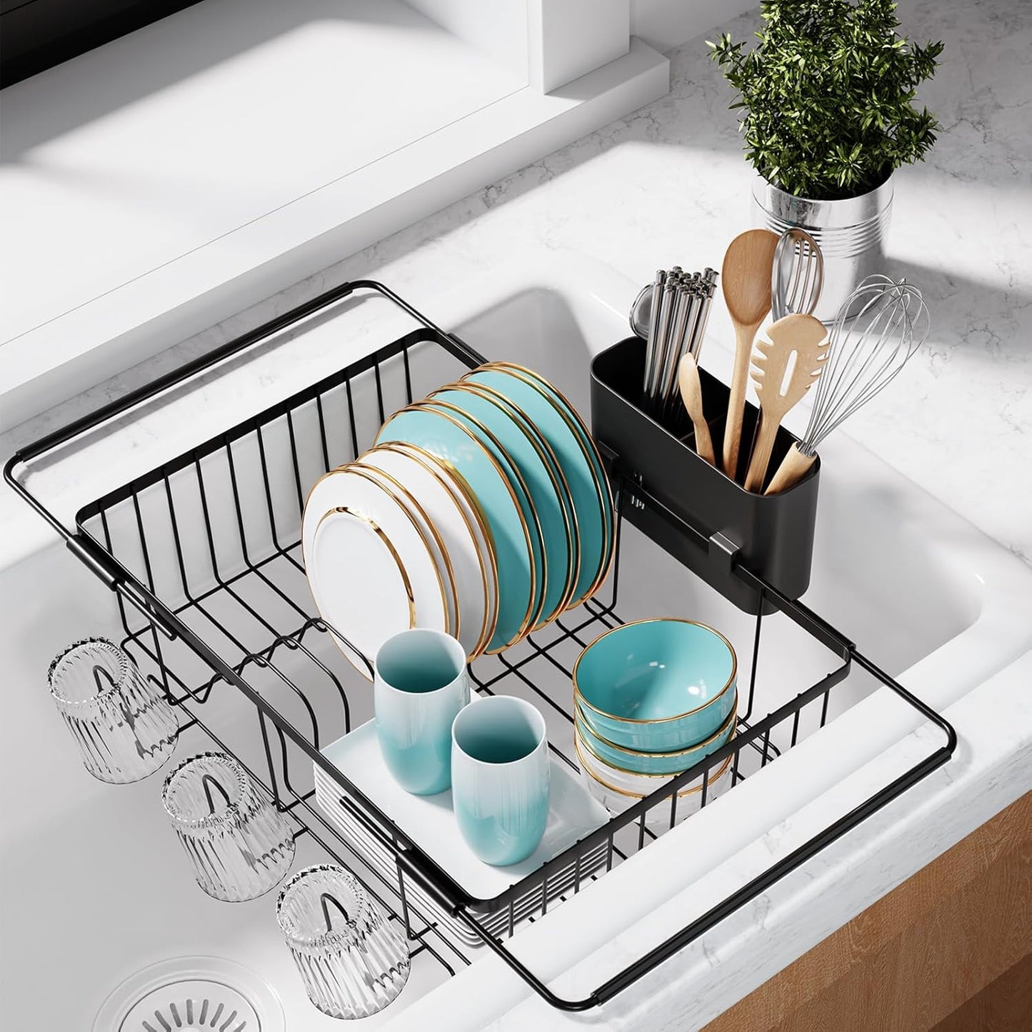 Dish Drying Rack in Sink - Expandable Stainless Steel Dish Rack Over The Sink, Kitchen Sink Drain Strainer with Cutlery Holder & Cup Holders, 15.4 x 11.3 x 6.6 Inch, Black