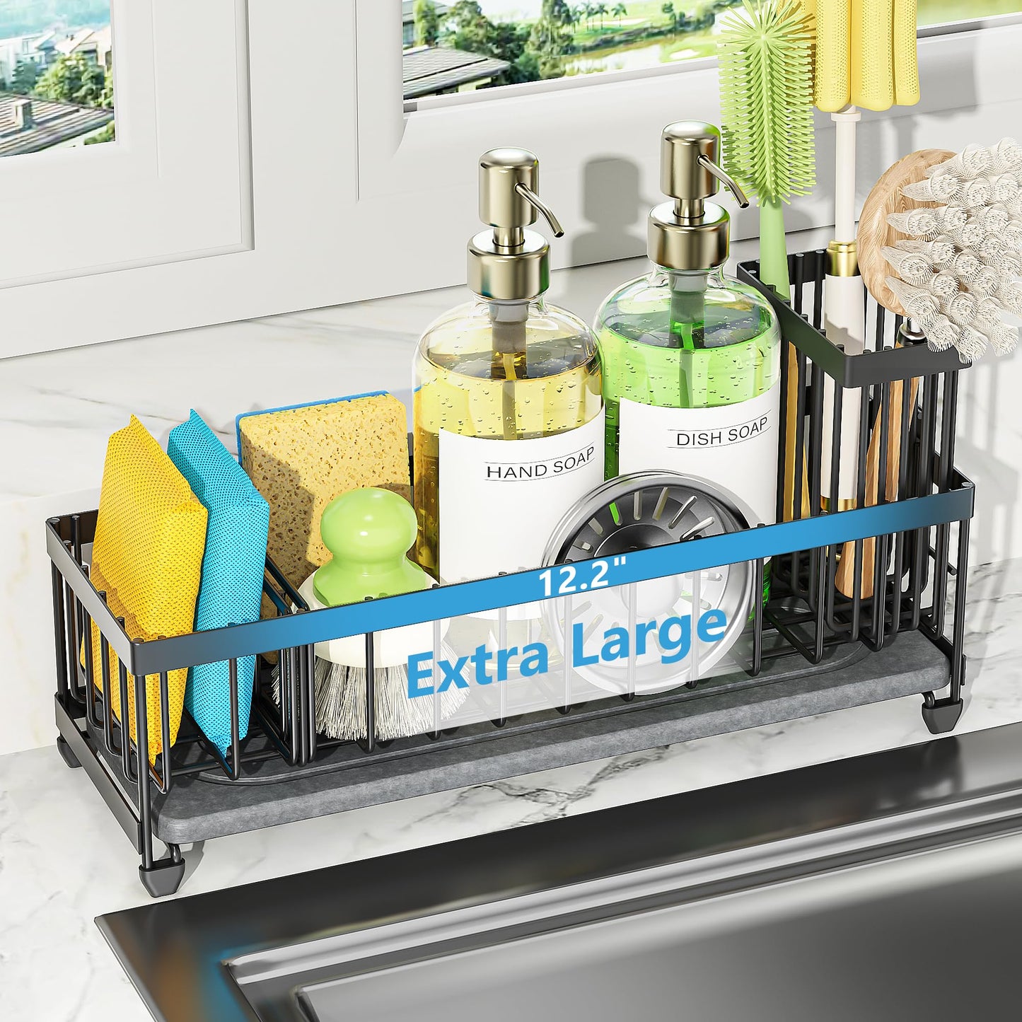 Cisily Extra Large Sink Caddy Organizer with Drying Stone, Black Sponge Holder for Kitchen, Dish