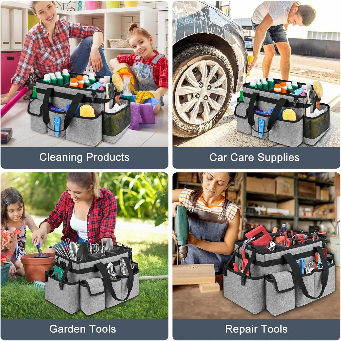 Cleaning Caddy Bag,Large Cleaning Supplies Organizer with Handle for Housekeepers,Gray