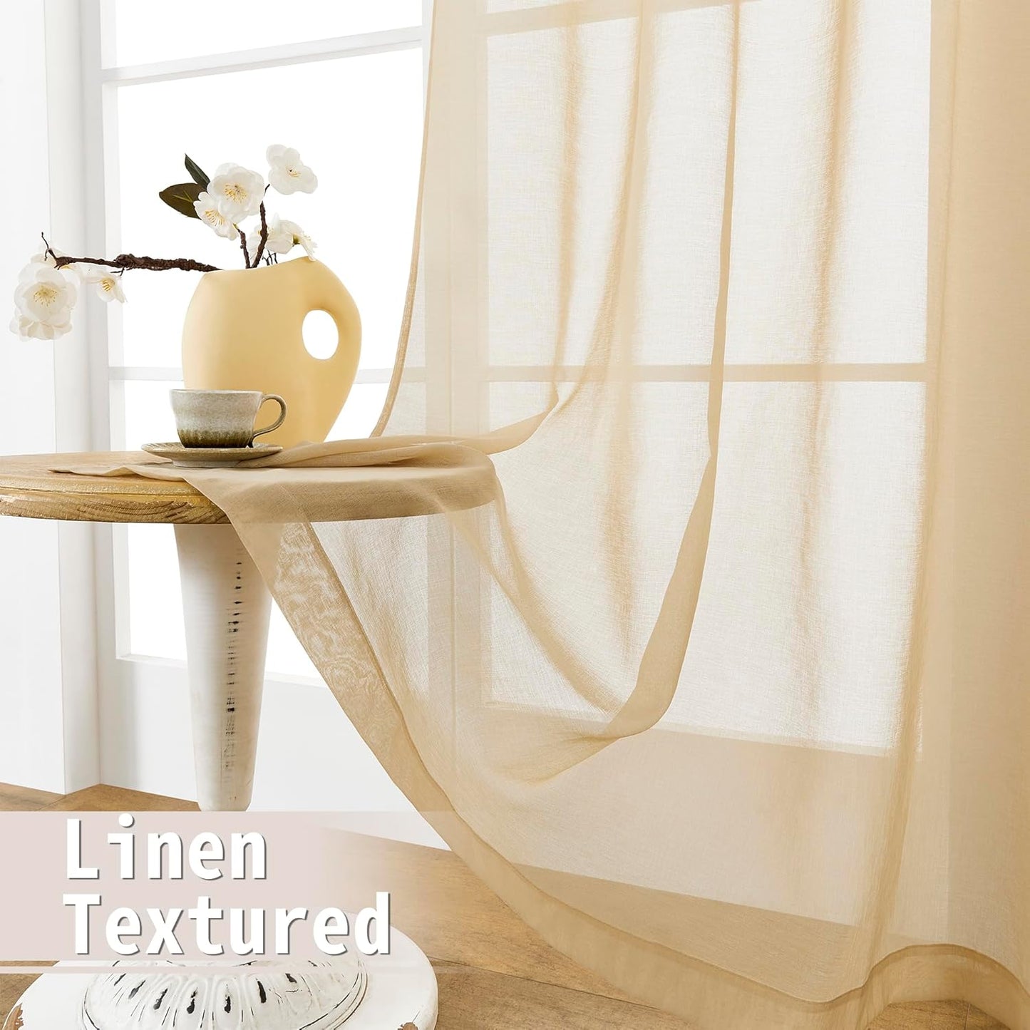 Tollpiz Small Sheer Curtain Linen Textured Curtain Sheers Doorway Light Filtering Voile French Door Rod Pocket Curtains Patio Glass Door, 25 x 40 inches Long, Beige, Set of 1 Panel