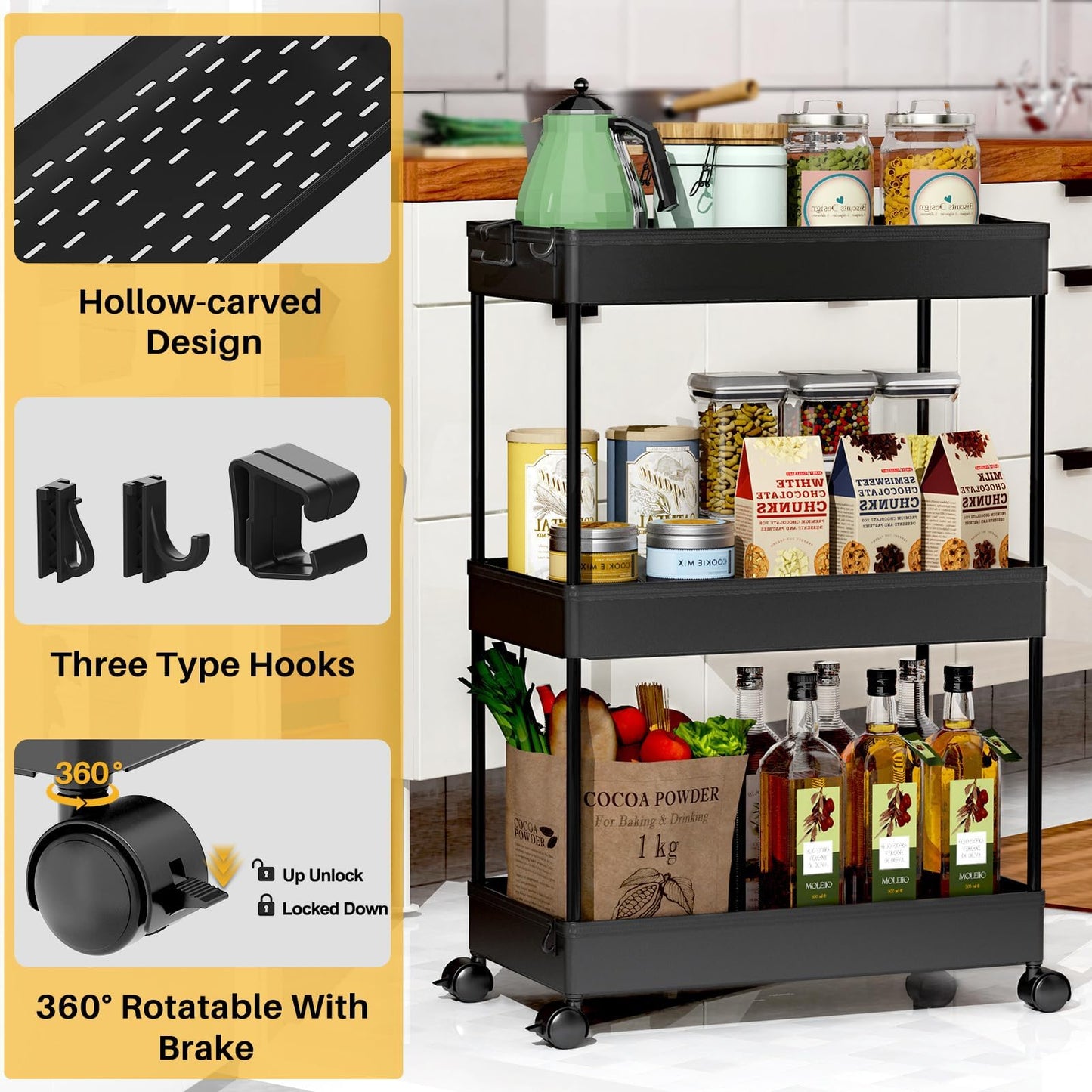 SPACELEAD 3 Tier Rolling Cart with Wheels, Storage Craft Art Trolley Organizer Serving, 3 Hanging