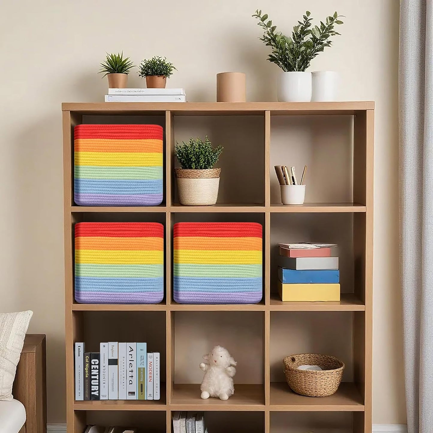 3 Pack Storage Cubes 11 Inch Cotton Rope Woven Baskets for Organizing Cube Bin Square Shelves Organizer,Classroom,Kids Toy Bins,Closet,Baby Nursery(Rainbow)
