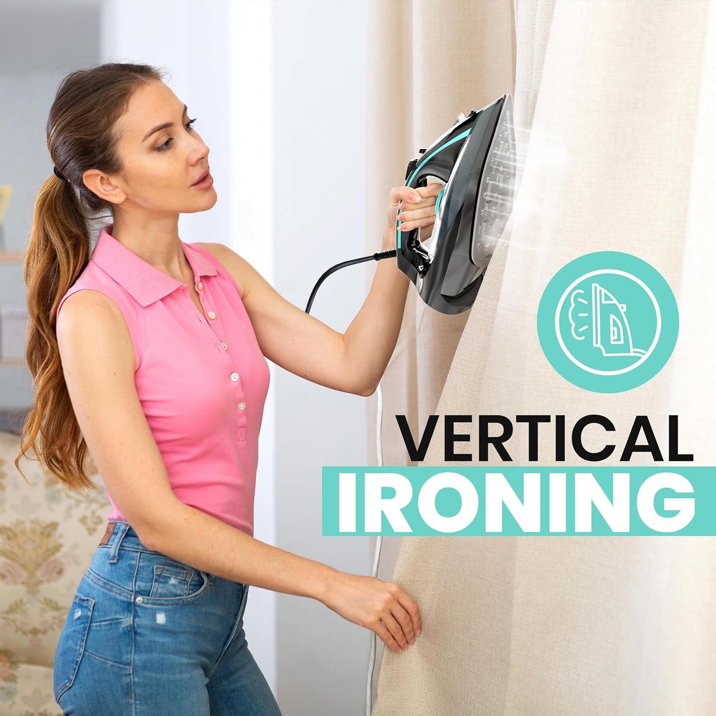 Utopia Home Steam Iron for Clothes - Non-Stick Soleplate - 1800W Clothes Iron With Auto-Off Safety Feature - Adjustable Thermostat Control, Variable Steam Control, Self-Clean, 8 Feet Cord (Black/Teal)