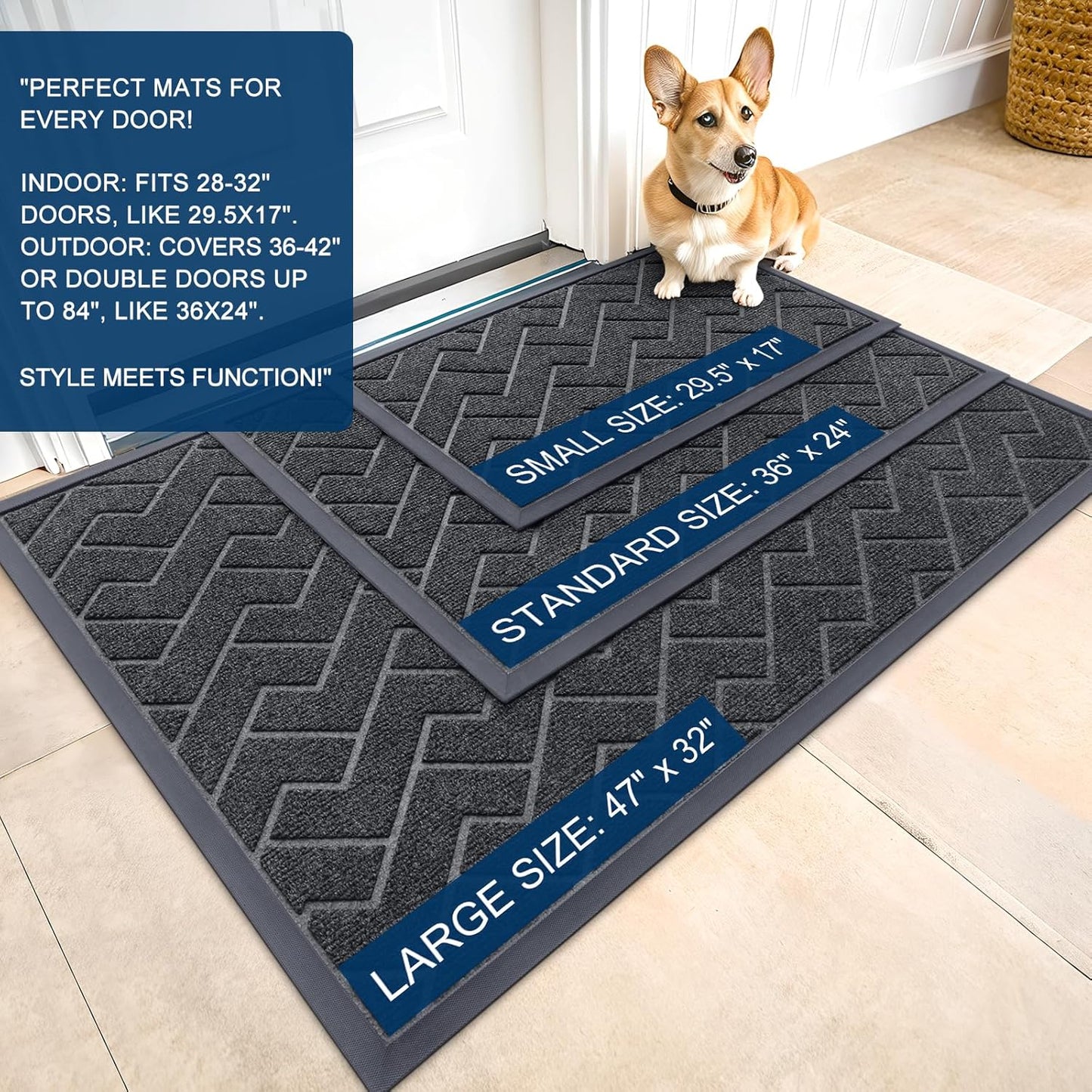 OLANLY Front Door Mat Indoor Outdoor Entrance, Waterproof All-Season, All-Weather Doormat, Sturdy Natural Rubber, Low Profile, Easy Clean Patio Porch Entryway Mat, Herringbone Brick (Grey, 36x24)