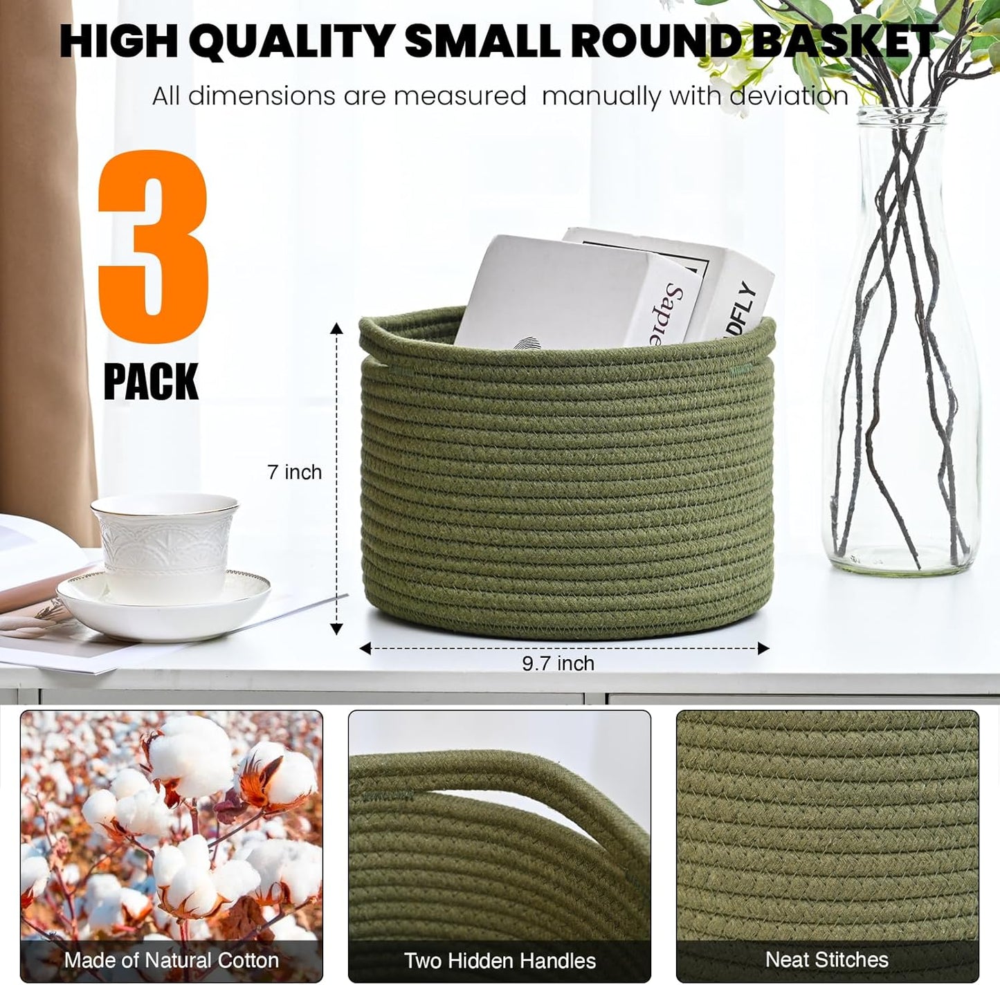 Small Storage Baskets for Organizing, Organizer Baskets for Shelves, Green Woven Basket for Storage Decor, Small Decorative Cotton Rope Basket, 9.7"×9.7"×7" (3 Packs) Green