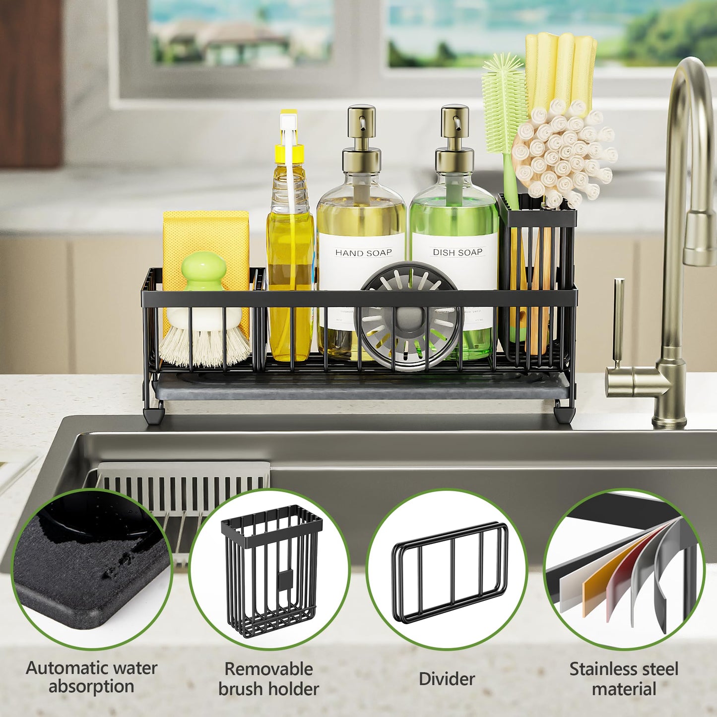 Cisily Extra Large Sink Caddy Organizer with Drying Stone, Black Sponge Holder for Kitchen, Dish