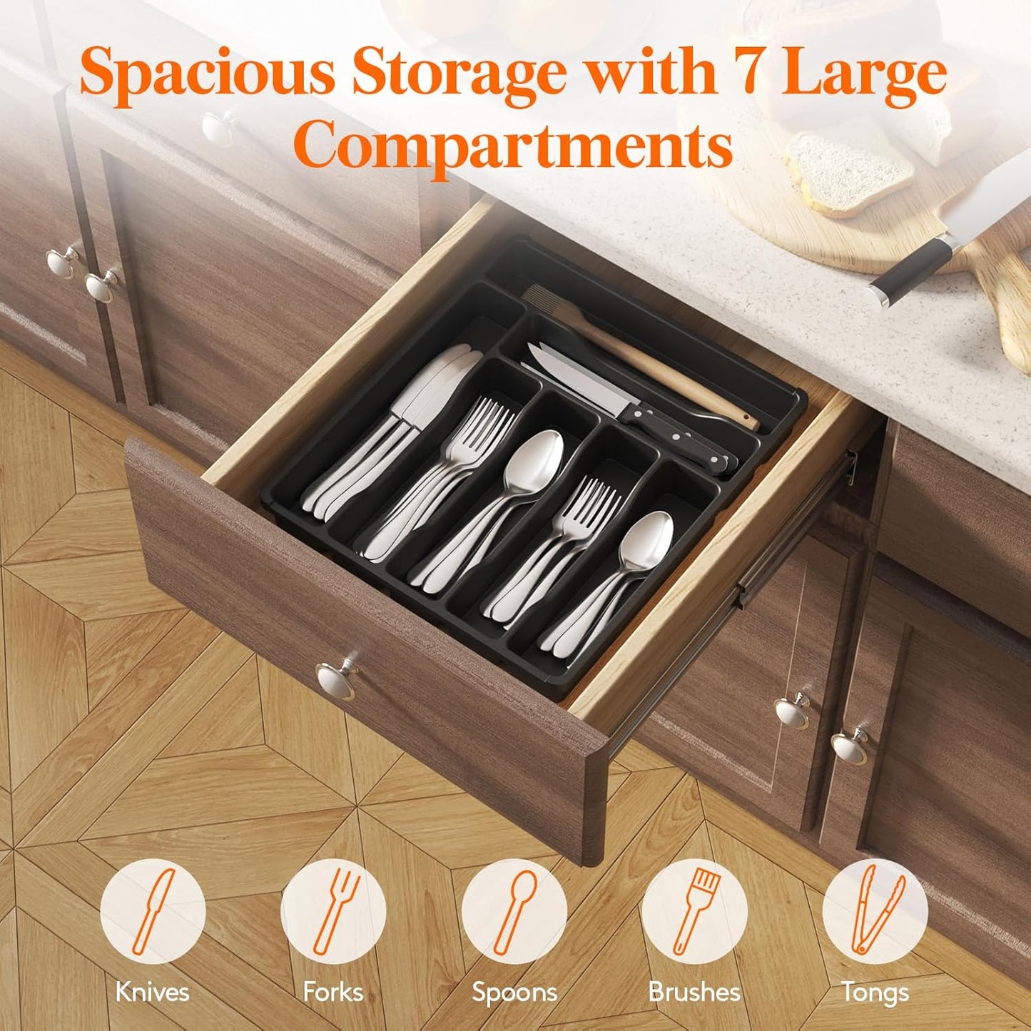 Lifewit Silverware Drawer Organizer Tray, Plastic Cutlery Storage for Kitchen Drawer, Flatware and Utensil Holder Divider for Spoons Forks Knives Tableware, 7 Compartment, Black