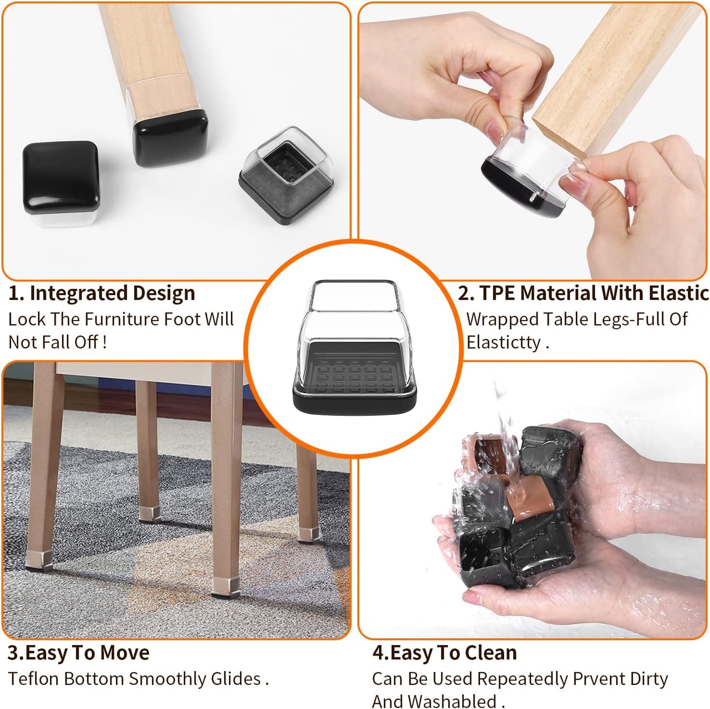 Ezprotekt 24 Pcs Clear Chair Leg Sliders for Carpet, Square Chair Glides for Rug, Teflon Furniture Pads Leg Protectors Caps - for Dining Table, Bar Stool, End Table Legs (L Fit:1" - 1.4")