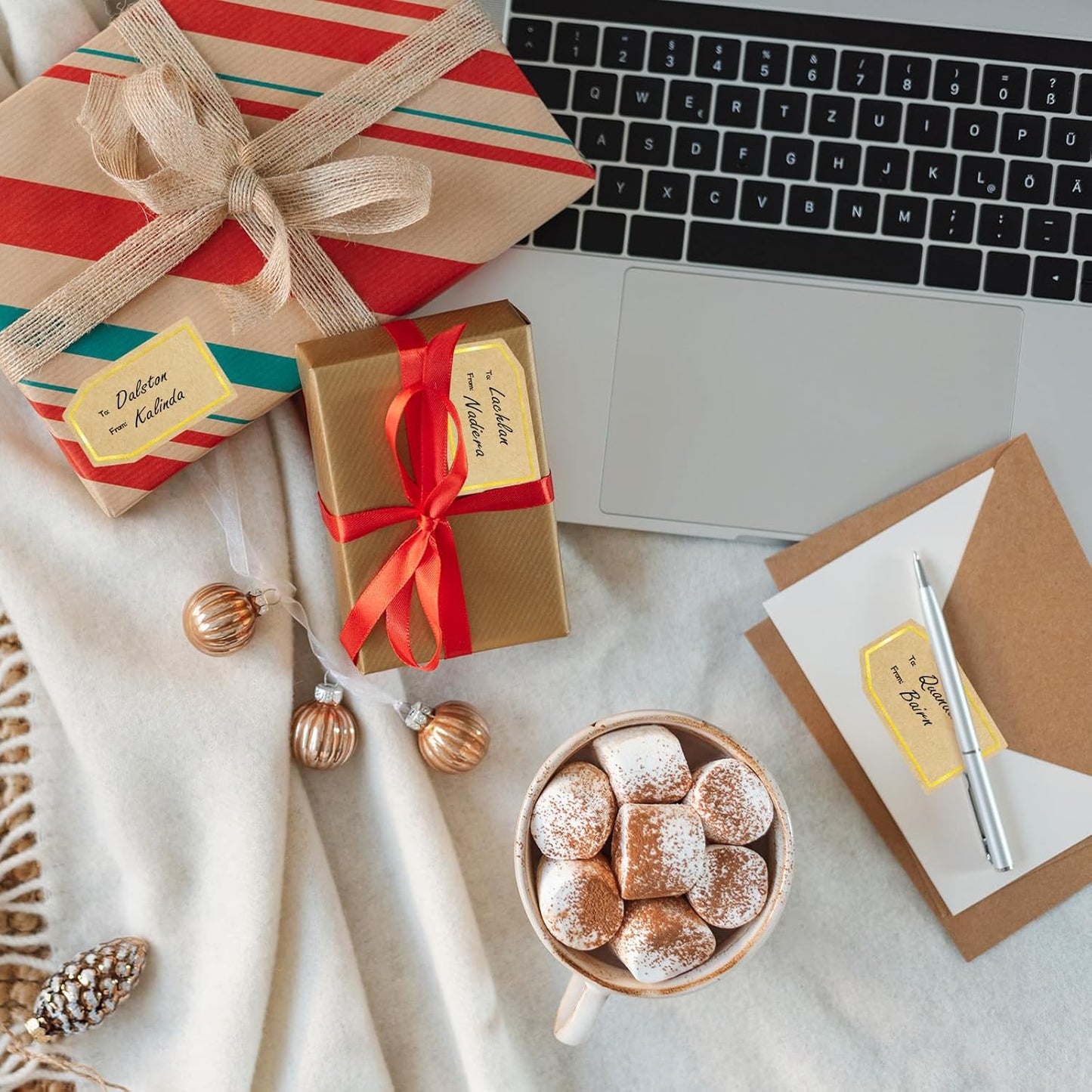 600PCS Gift Tag Stickers, 1.18" x 2" Gold Border Christmas Gift Tags Stickers, Brown Kraft to and from Gifts Labels Self Adhesive Christmas Labels Holiday Present Label, Perforated line Design