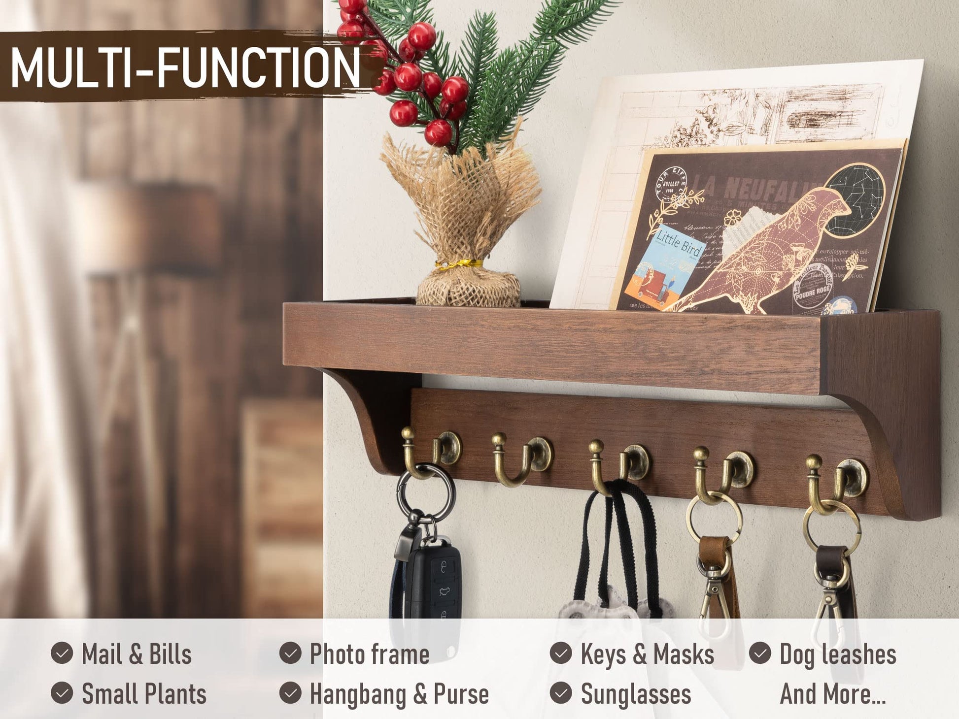 Rebee Vision Key Holder Wall Mount with 5 Hooks for Entryway, Retro Brown