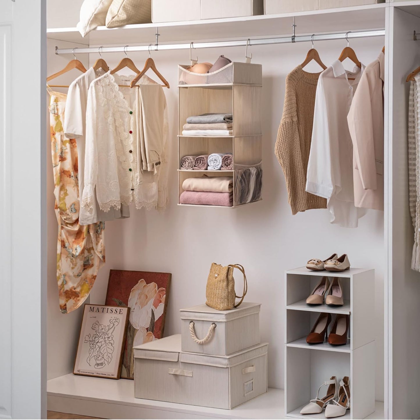 StorageWorks 3-Shelf Hanging Closet Organizer, Adjustable Hanging Closet Organizers and Storage, 12 ¾”W x 12 ¾”D x 32”H, White & Ivory