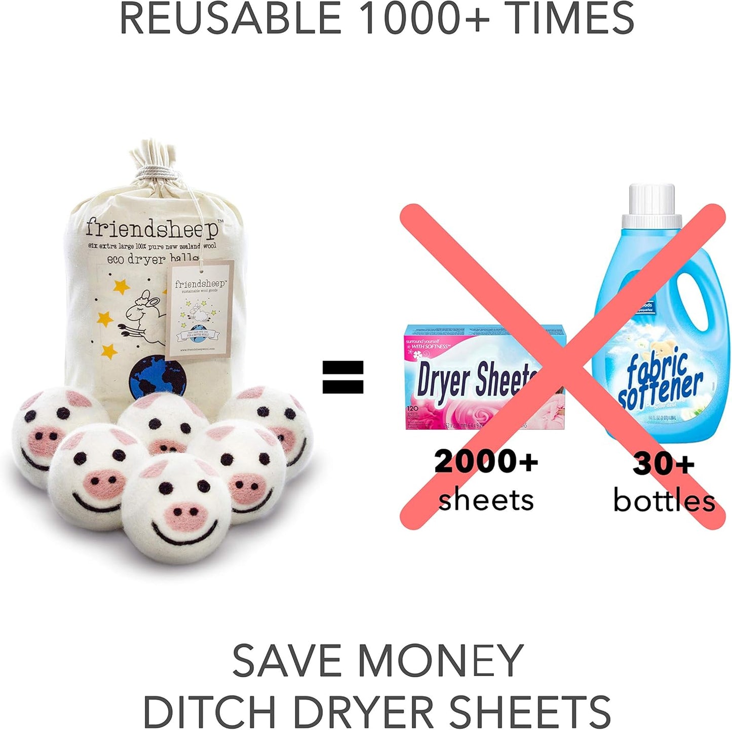 Friendsheep Wool Dryer Balls 6 Pack XL Organic Premium Reusable Cruelty Free Handmade Fair Trade No Lint Fabric Softener Pig - Piggy Band