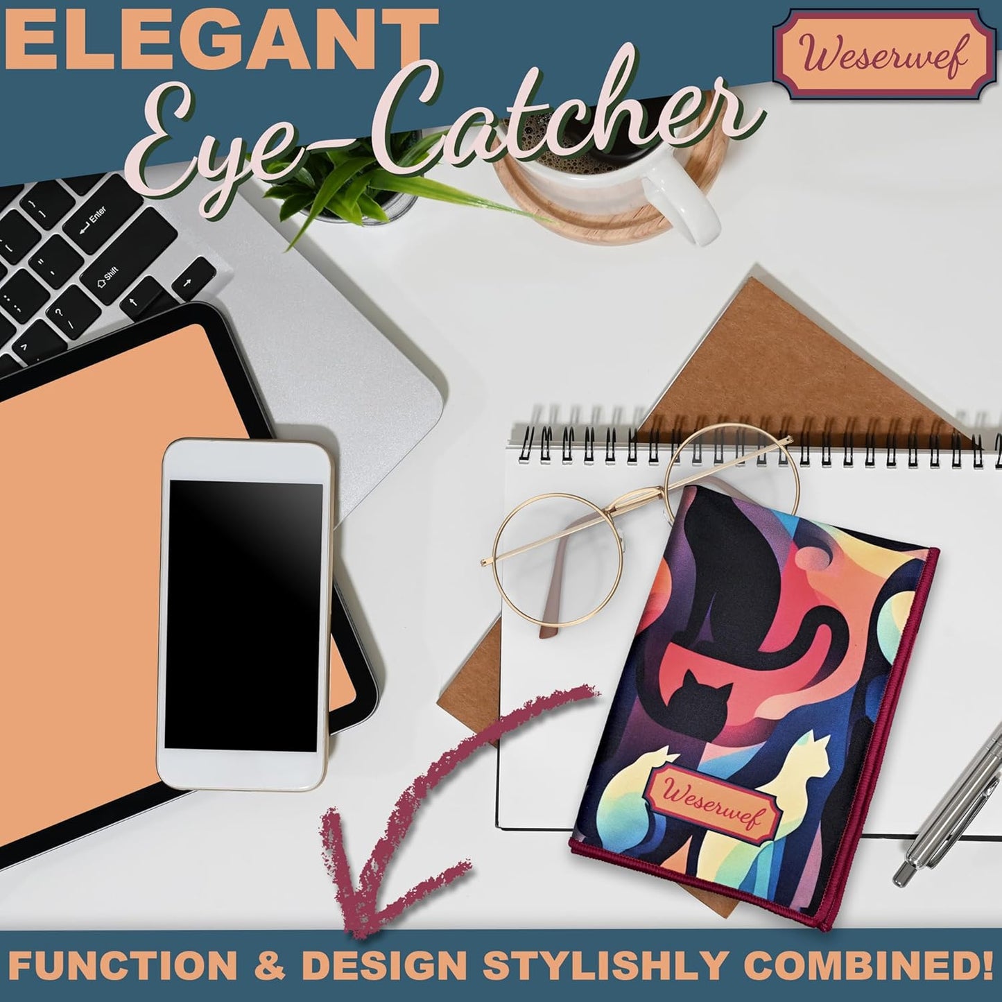 WESERWEF Design Microfiber Glasses Cleaning Cloth – Premium Cleaning Cloth for Eyeglasses, Screens, Tablets, Cameras & Lenses, 12" x 12", Ultra-Soft & Scratch-Free (Cats)