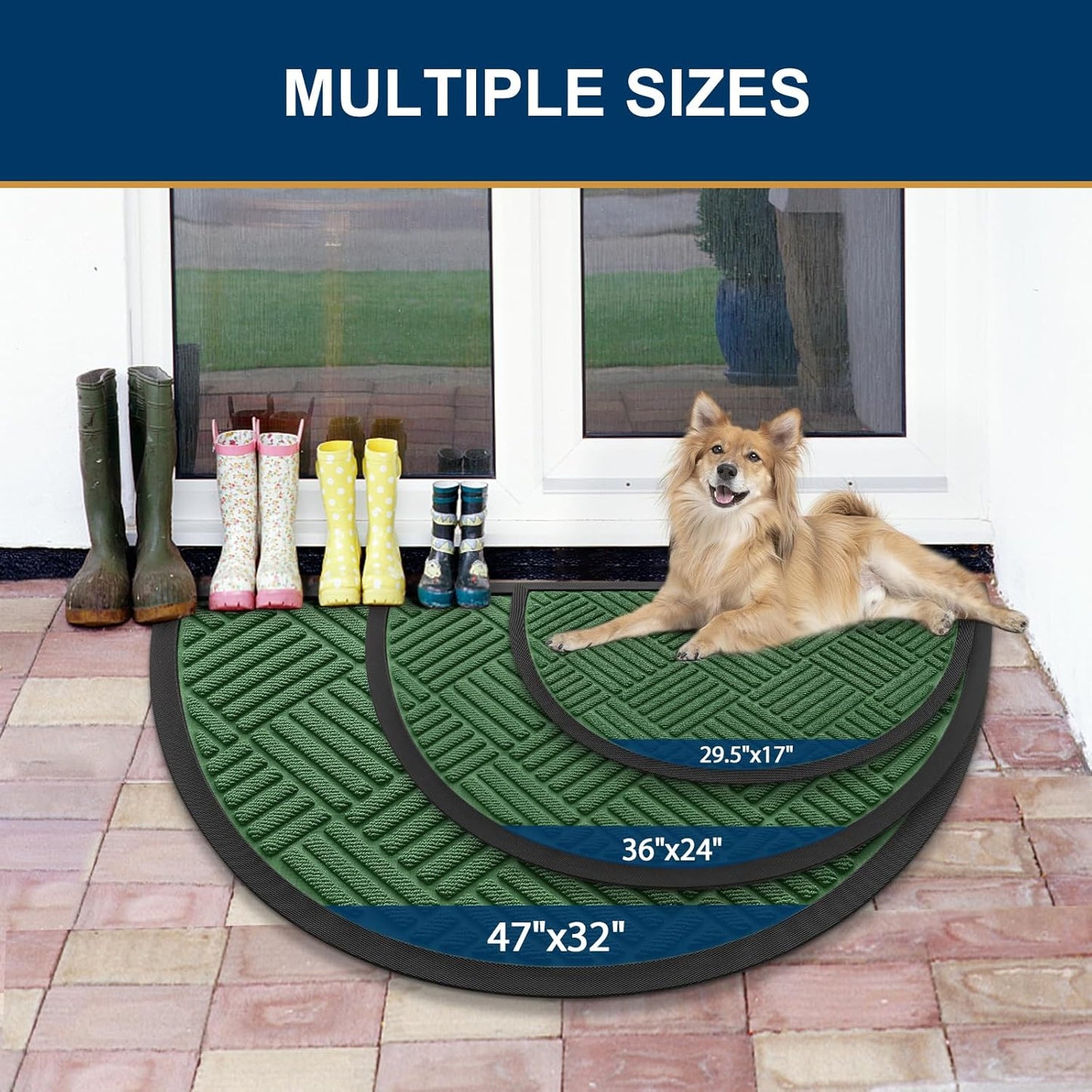 Smiry Half Circle Front Door Mat Outside Entrance, Heavy Duty Outdoor Indoor Natural Rubber Doormat, Non Slip, Trap Dirt and Moisture, Easy Clean, Low Profile Patio Porch Entryway Mat, 29.5x17, Green