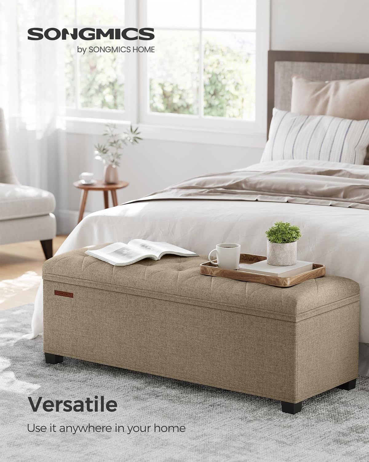 SONGMICS Storage Ottoman Bench, Foot Rest with Legs, 15.7 x 43.3 x 15.7 Inches, End of Bed Bench, Storage Chest, Load up to 660 lb, for Living Room, Bedroom, Entryway, Camel Brown ULSF088R01