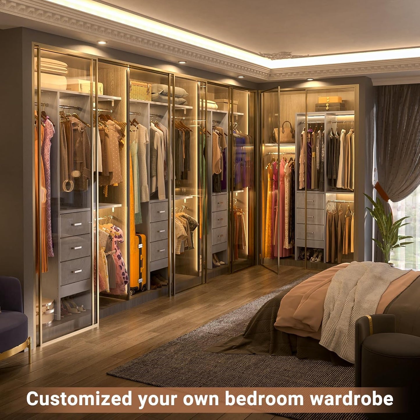 4FT Small Closet System with 3 Fabric Drawers, 48'' Closet Organizer System With 3 Adjustable Shelves, Flexible Built-In Clothes Garment Rack for Small Space, 48" L x 13" W x 71" H, Grey