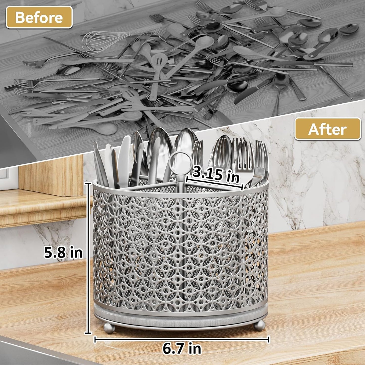 Rotating Utensil Holder for Kitchen - Silverware Caddy Fast-Drying Flatware Organizer 4 Compartment Large Cutlery Holder Utensils Caddy with Handle For Kitchen Countertop Party Picnic Table Silver