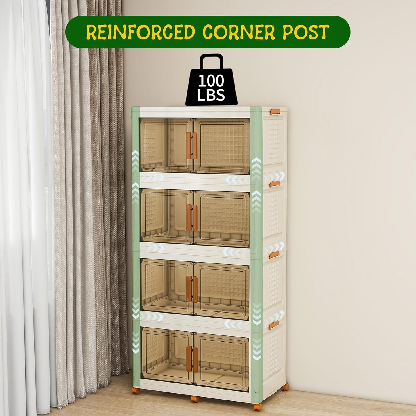 4 Tier Extra Large Stackable Storage Bins with 1 Lid 205 QT/Tier, Collapsible Plastic Box Storage Bin with Wheels, Home Containers Boxes Closet Organizers for Living Room, Office, Dorm