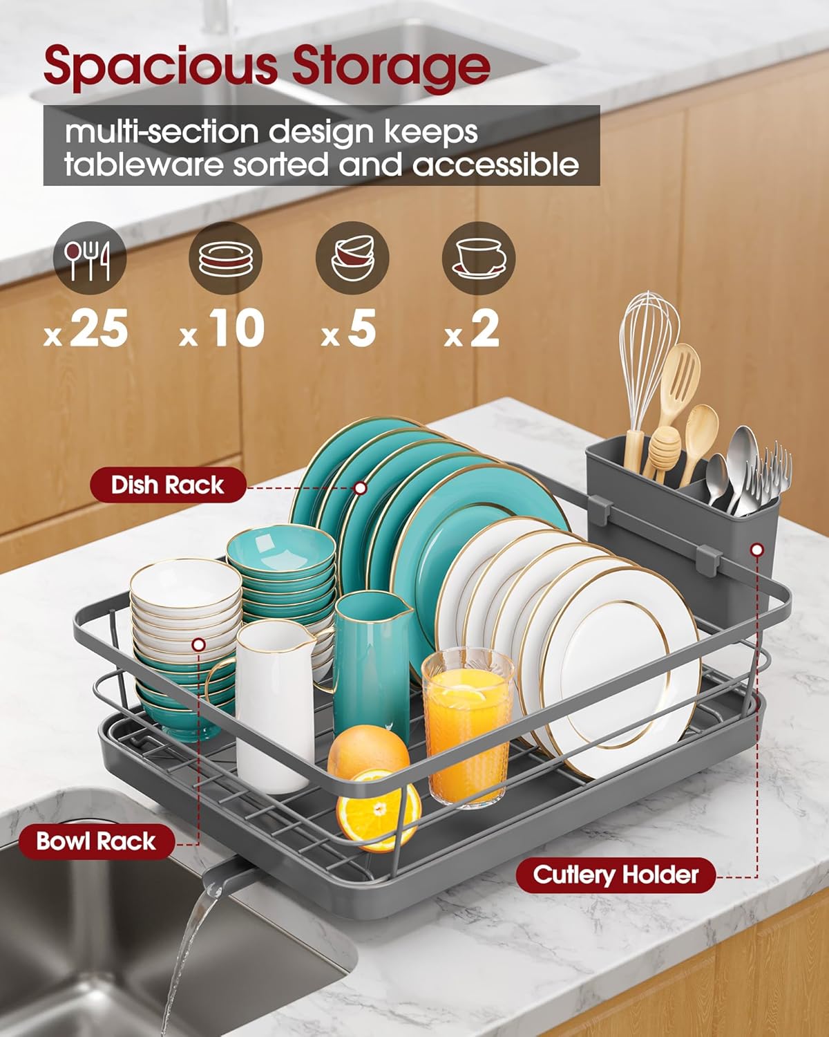 Stainless Steel Dish Drying Rack for Kitchen Counter, Sink Organization and Storage Essentials with Silverware & Utensil Holder, Home and Apartment Decor, 12''W x 15.6''L, Gray
