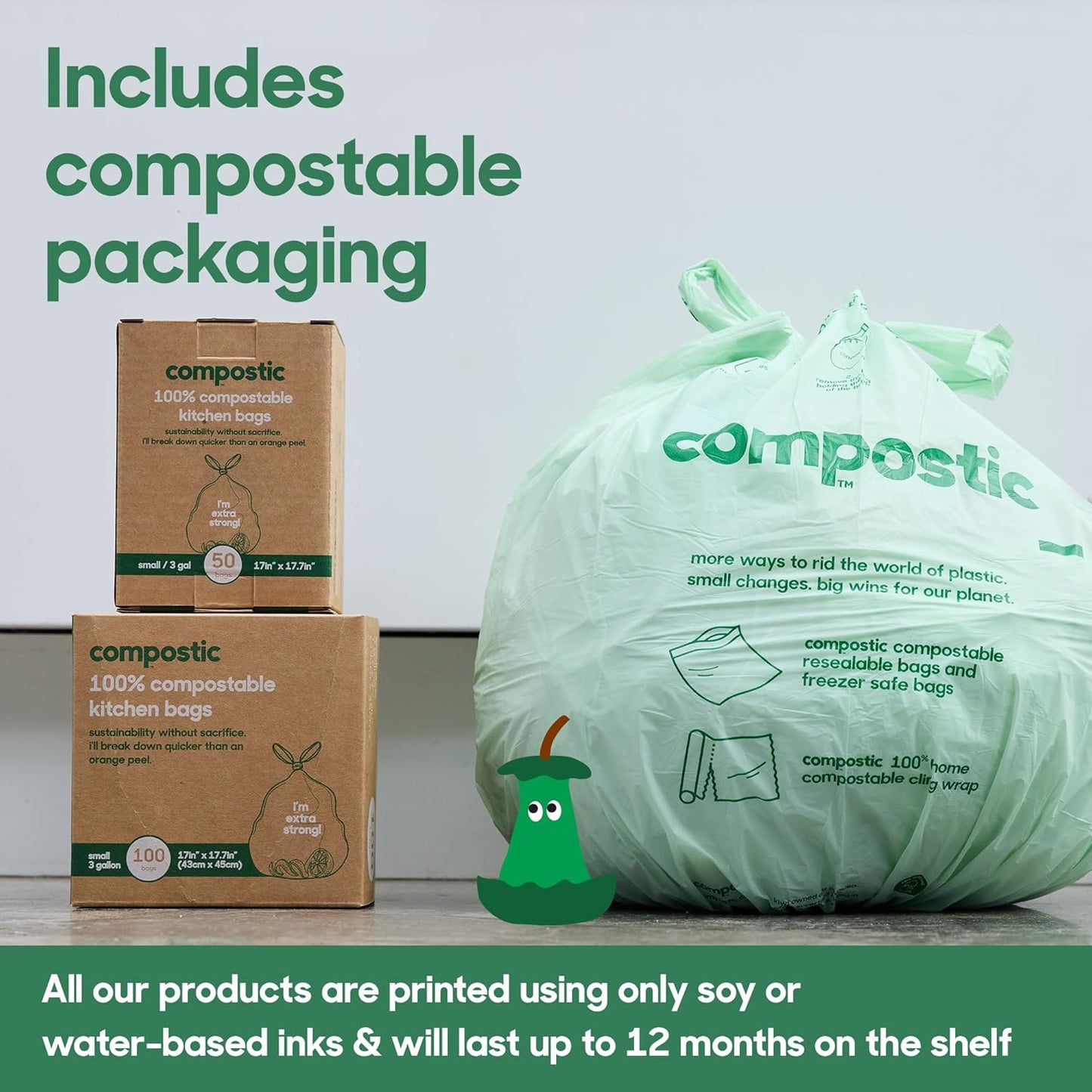 Compostic Home Compostable Trash Bags, 3 Gallon Small Kitchen Rubbish Bags (17” x 17.7”), Extra Strong & Quickly Breaks Down, 50 Count