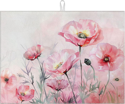 Pink Poppy Flower Dish Drying Mat for Kitchen Counter Microfiber Absorbent Dish Kitchen Drying Mat Draining Reusable Washable for Dishes/Utensils/Counterto