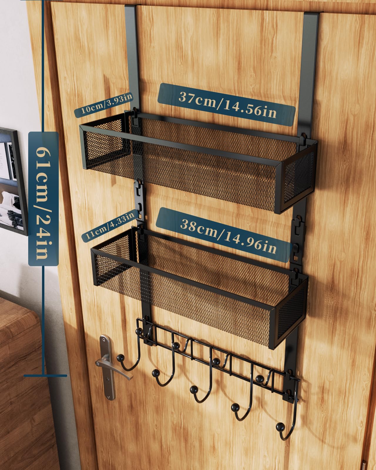 Consumest Over The Door Hooks Organizer - 3 Tier Door Hanger with 9 Coat Hooks & 2 Mesh Basket