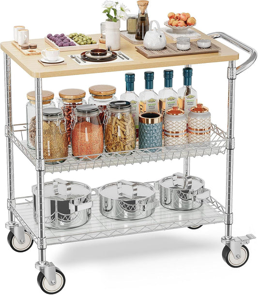 Leteuke Rolling Kitchen Carts with Wheels, 34" L x 17.5" W, 3-Tier Heavy Duty Utility Cart with