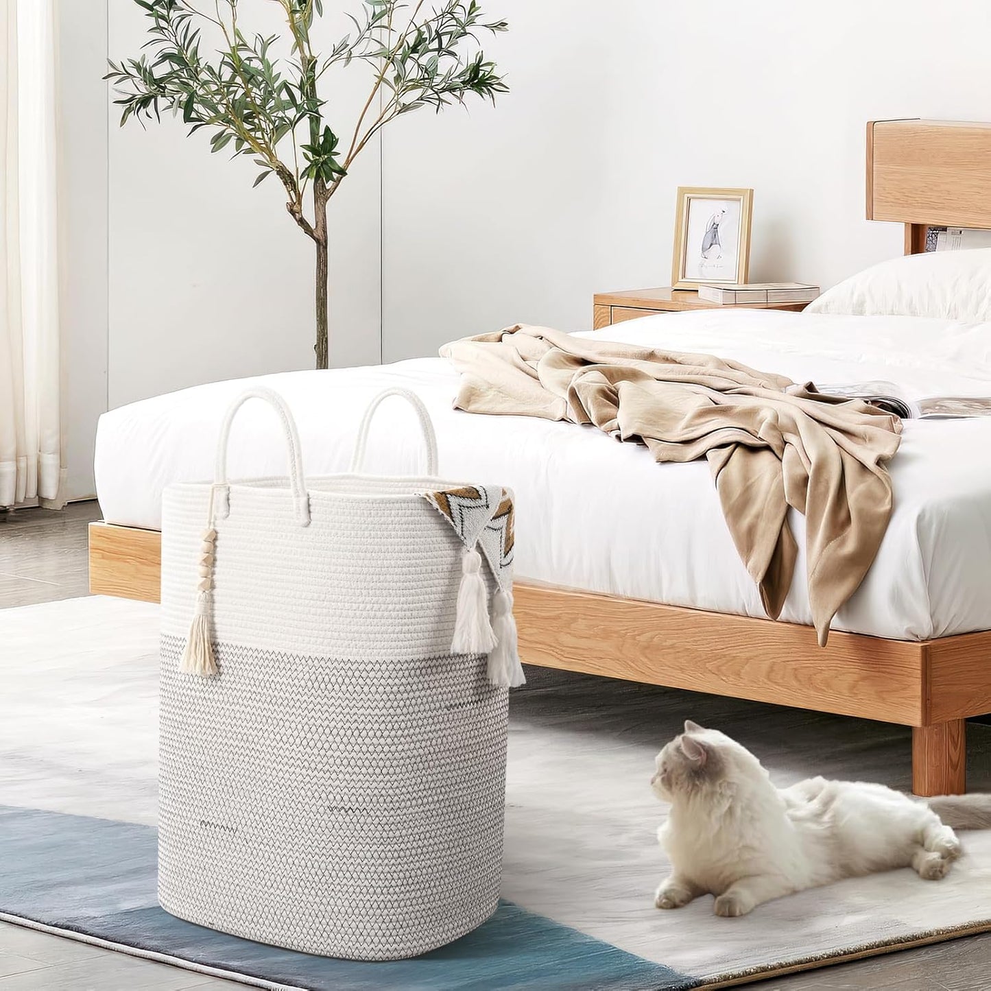 Woven Laundry Basket for Clothes, 80L Large Rectangle Laundry Hampers with Beads Tassel, Nursery Storage Basket for Toys, Tall Dirty Clothes Hamper for Bedroom Aesthetic, Laundry Room Organization