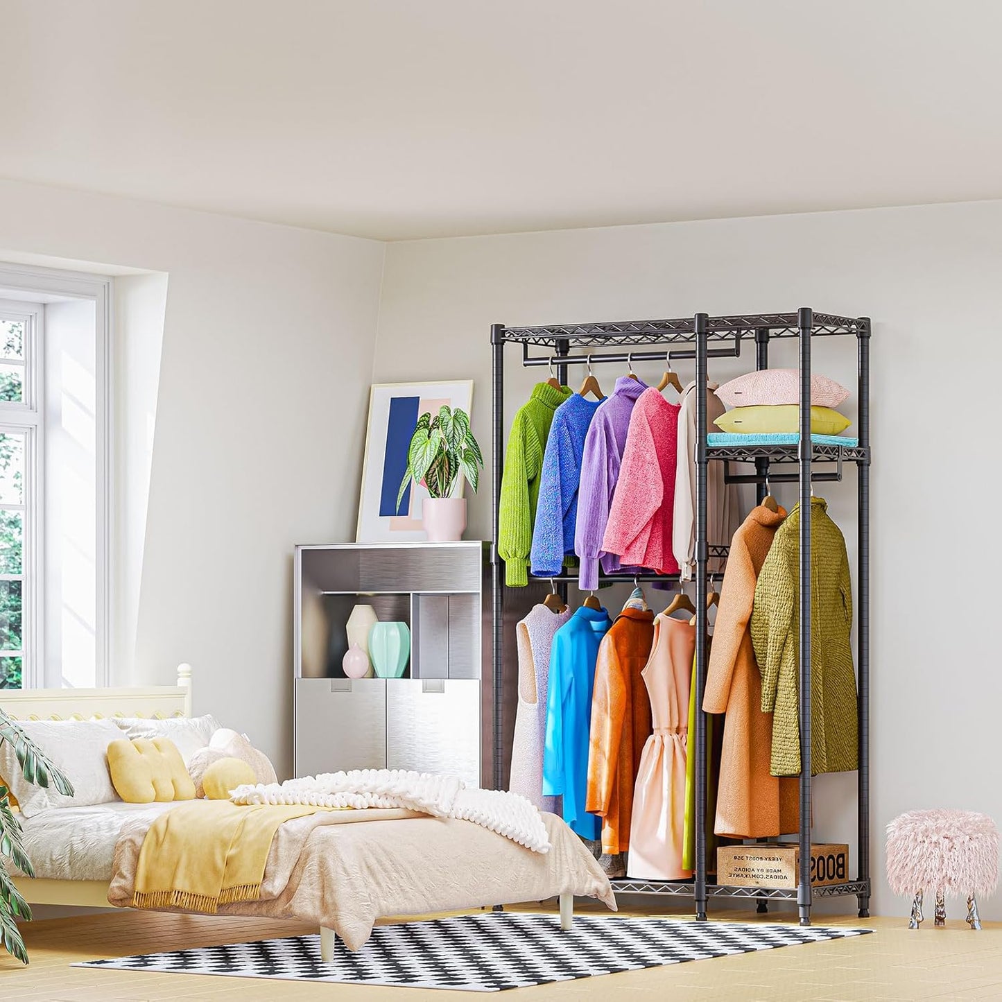 Heavy Duty Rolling Garment Rack 3 Tiers Adjustable Wire Shelving Clothes Rack with 1 Rods and Side Hooks,Storage Closet Clothing Rack Black 15.7" D x 43.3" W x 76.5" H