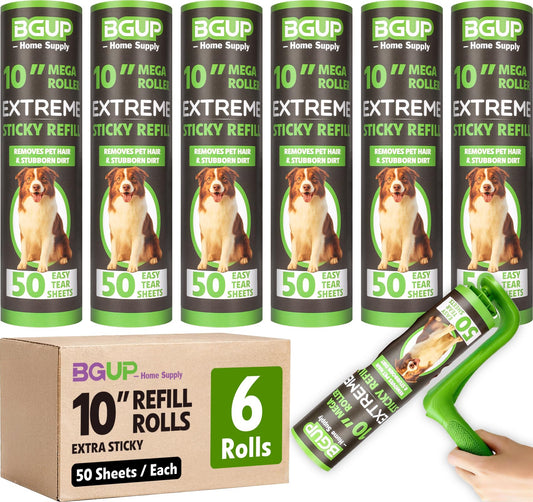 BGUP 10 Inch Lint Roller Refills, 6 Rolls 300 Sheets Large Lint Rollers for Pet Hair Extra Sticky