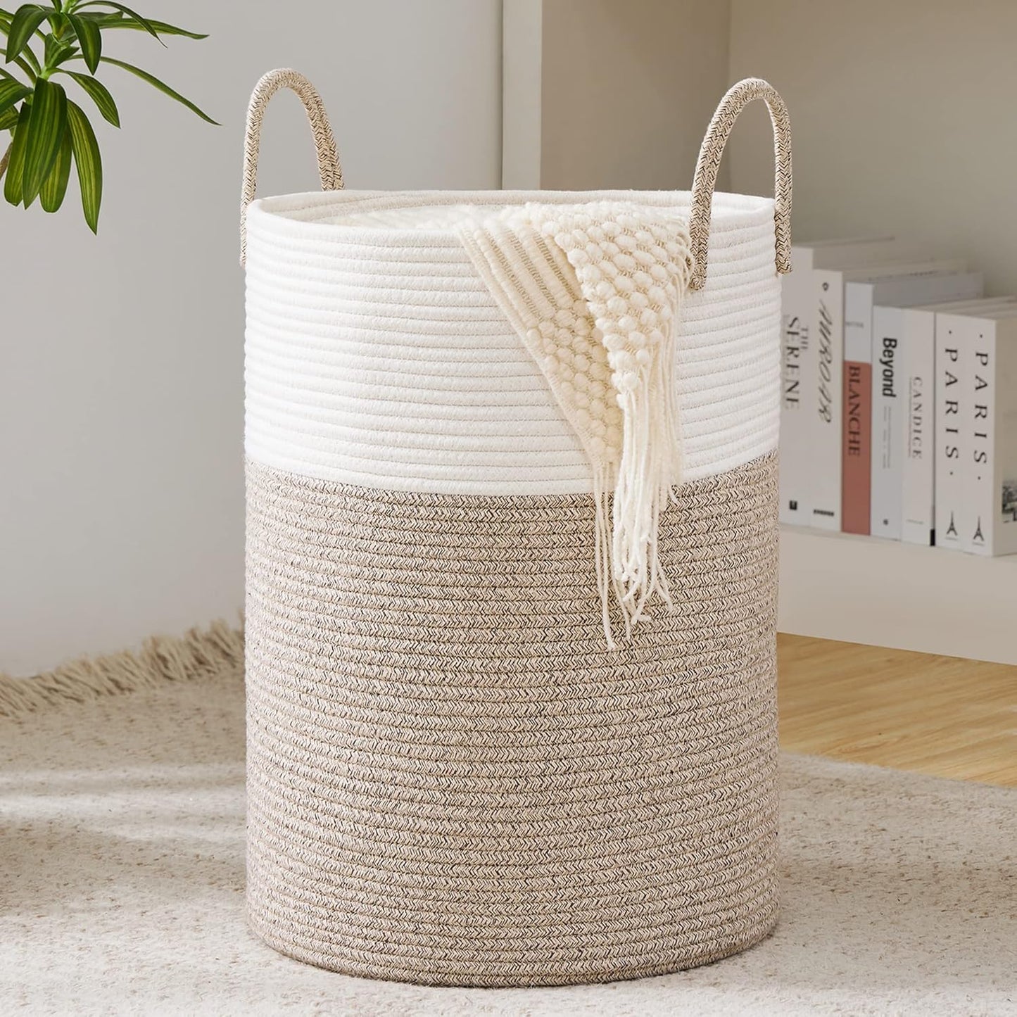 YOUDENOVA Woven Rope Laundry Hamper Basket, 58L Tall Laundry Basket, Baby Nursery Hamper for Blanket Storage in Bedroom-Large-Brown