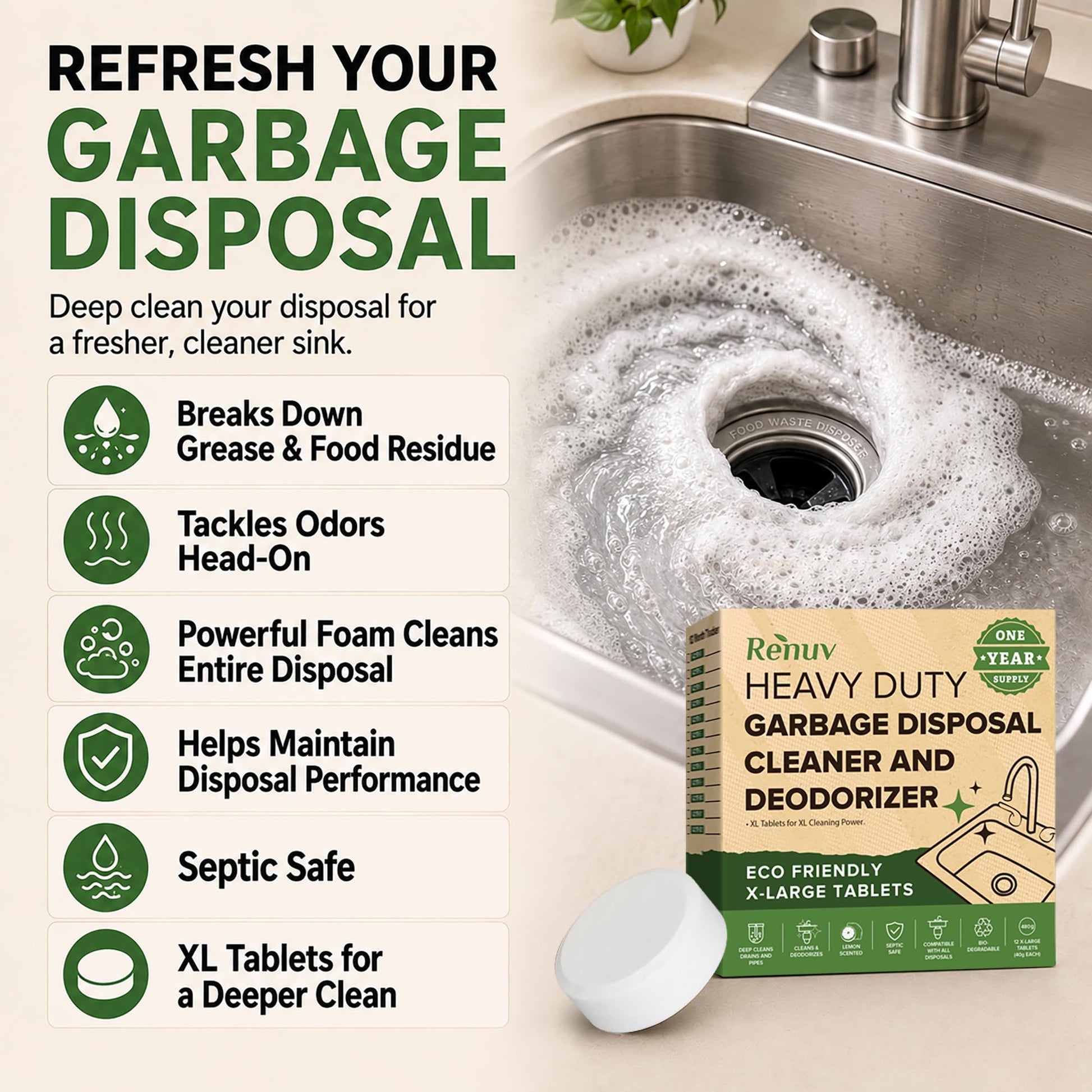 Renuv® Garbage Disposal Cleaner & Deodorizer Tablets, 12 XL Tablets
