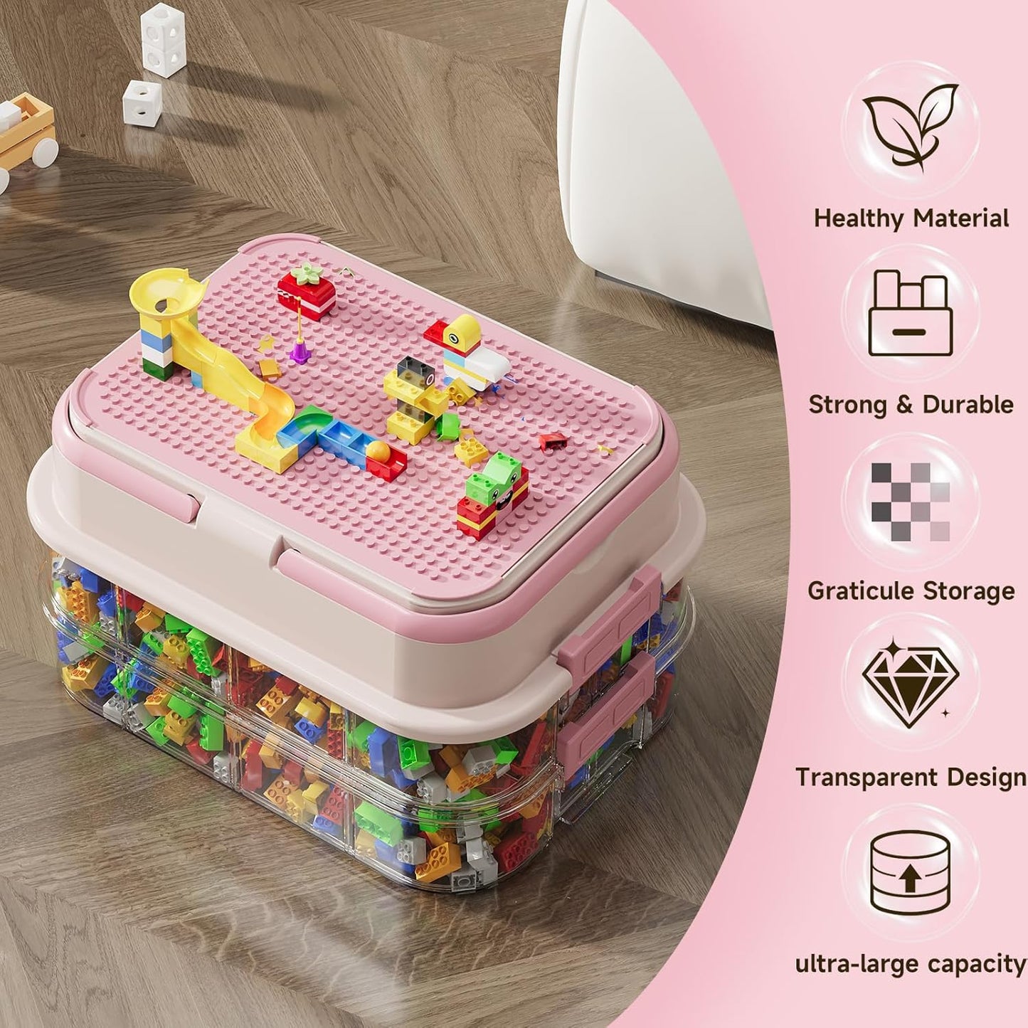 Toy Storage Organizer Box with Handle, Stackable Building Block Toy Box with Building Plate Lid & Removable Sorting Trays, Cubby Bins and Containers 1 Layer (Pink)