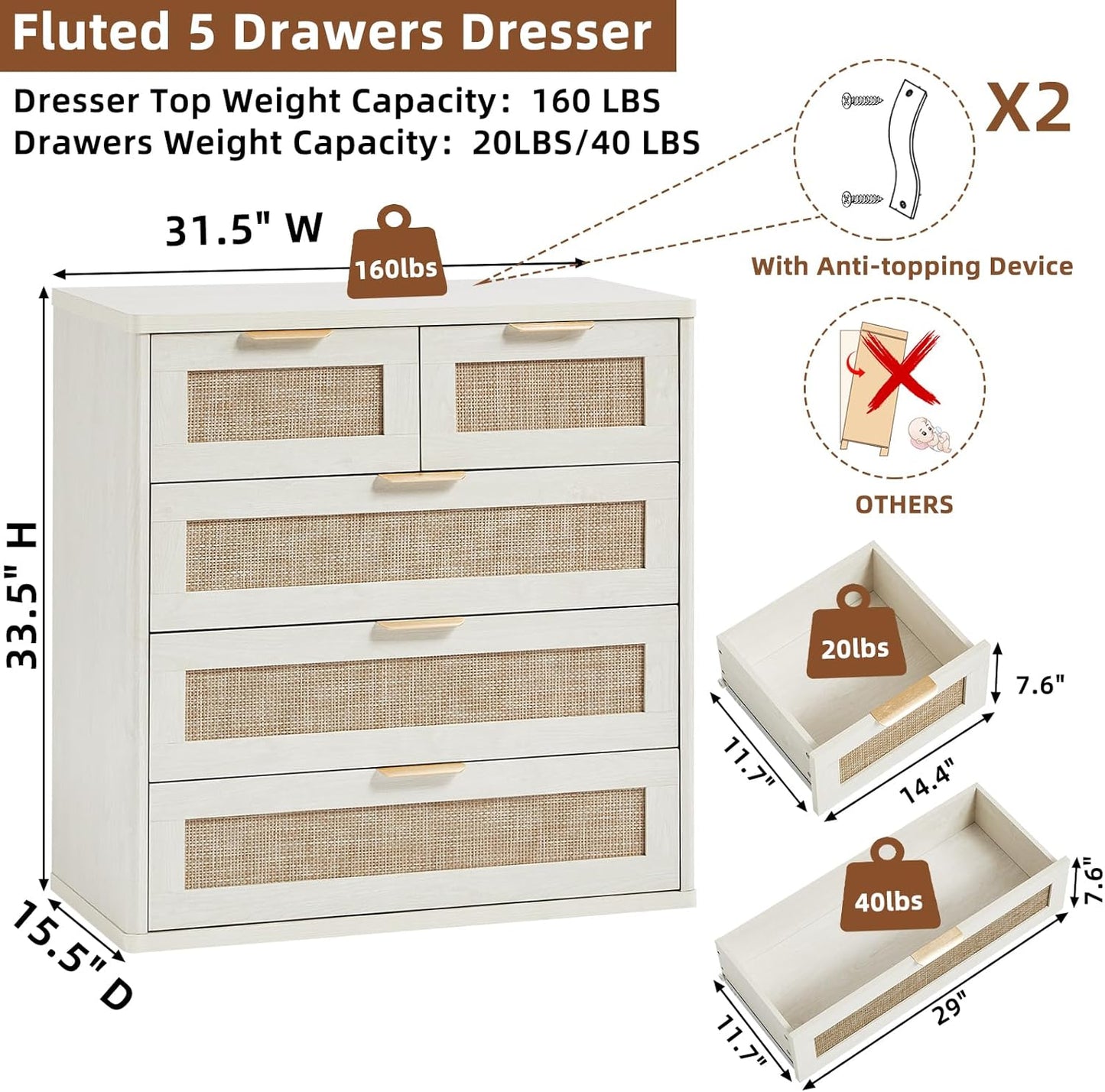 LEYAOYAO White Dresser for Bedroom, 33.5" Tall Chest of Drawers, Modern 5 Drawers Boho Rattan Dressers with Storage, Dresser Wooden Closet Organizer for Living Room, Hallway