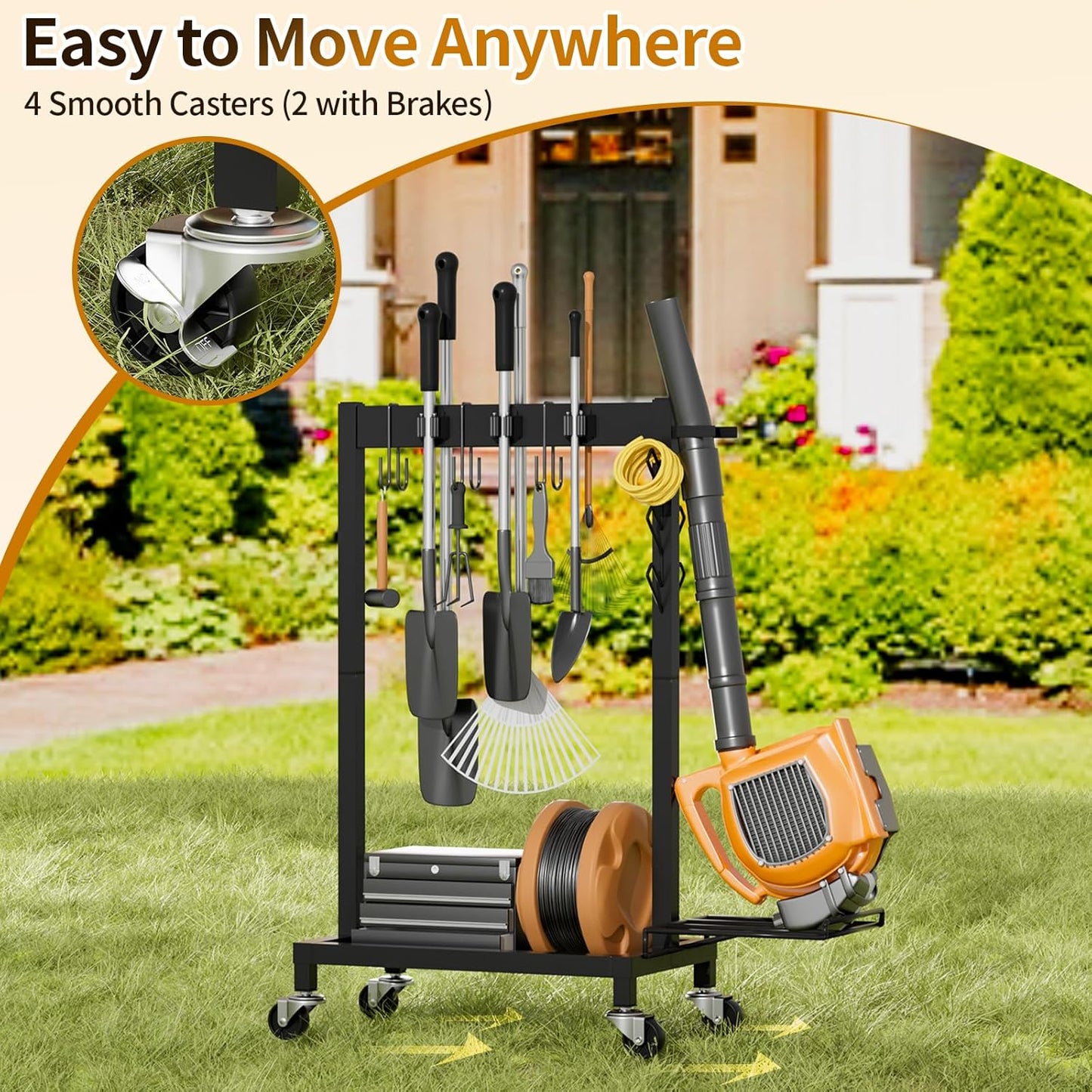 Cleaning Supplies Organizer with Broom Holder Load 160 LBS Cleaning Cart with Wheels Broom Closet Storage with 6 Mop Hanger Grippers, 3 Double-Hooks, Vacuum Stand for Laundry Garage Organization