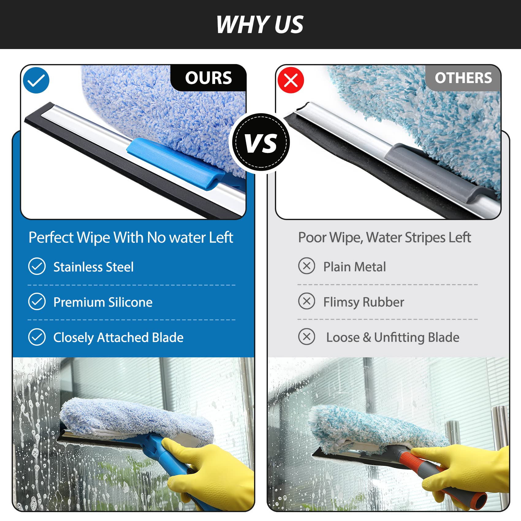 VITEVER Professional 69'' Window Squeegee Cleaner Tool with Extension Pole, 2-in-1 Squeegee for