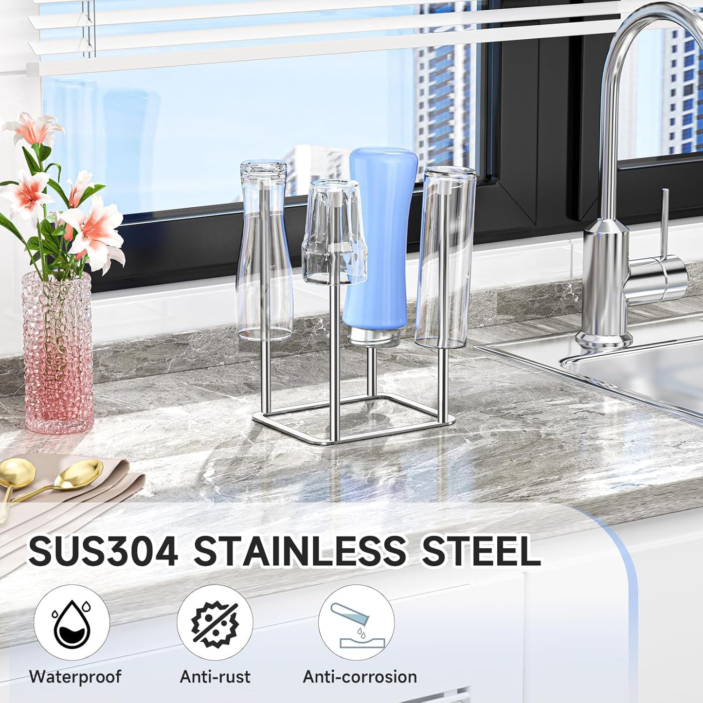 Water Bottle Drying Rack Reusable Bottle Rack Dryer Kitchen Stand Holder Stainless Steels Countertop Baby Bottle Drying Rack Water Cup Drying Rack for Plastic Bags, Bottles and Cups Silver