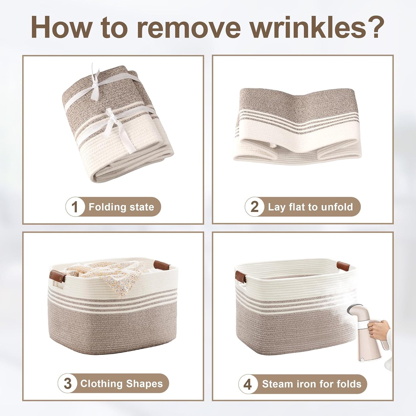 60L Large Laundry Basket with Leather Handles for Living Room Storage, Woven Rope BasketsBin for Blanket, Kids Toy, Gifts, Wicker Hamper for Bedroom Dirty Clothes, 21"x15"x11" Khaki