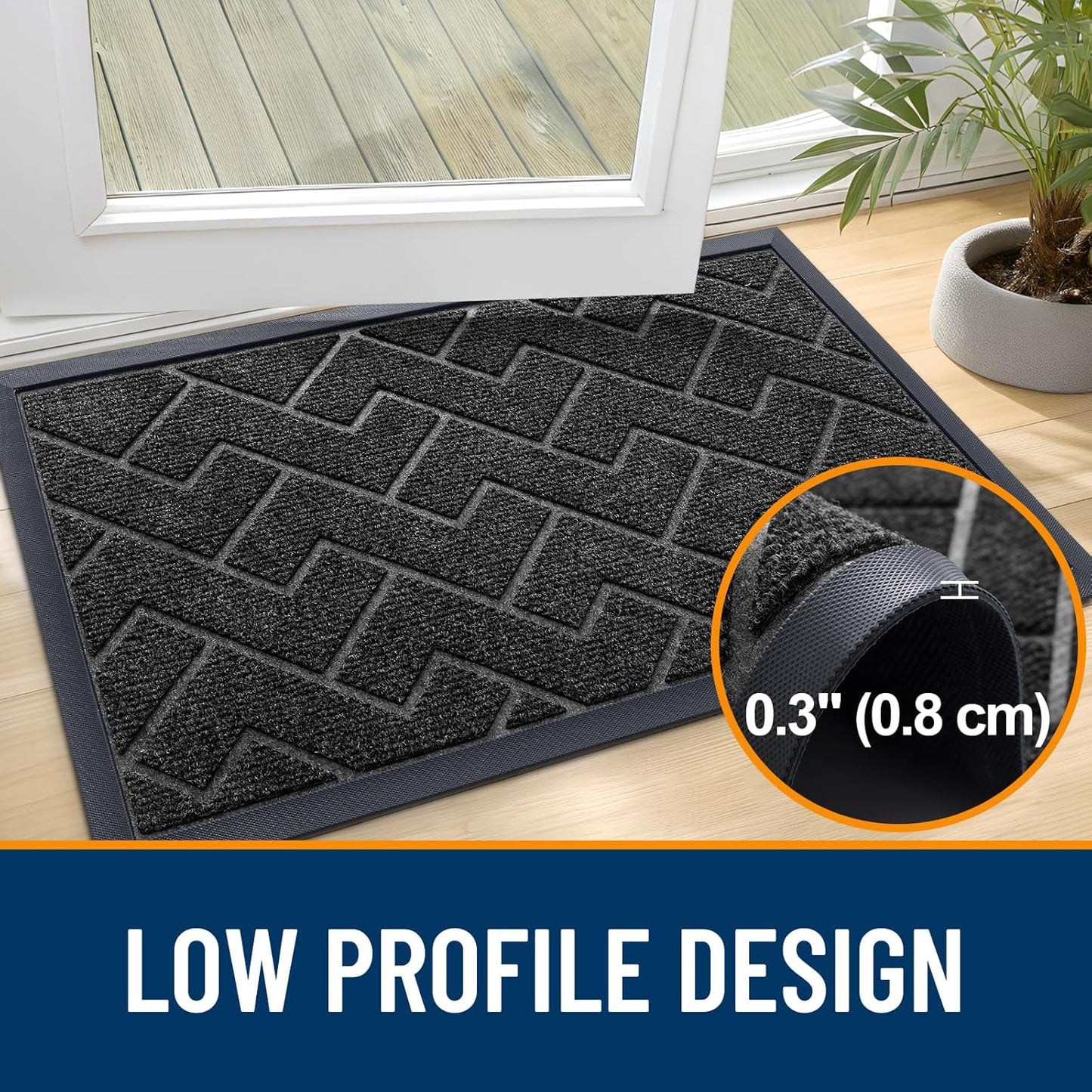 OLANLY Front Door Mat Indoor Outdoor Entrance, Waterproof All-Season, All-Weather Doormat, Sturdy Natural Rubber, Low Profile, Easy Clean Patio Porch Entryway Mat, Herringbone Brick (Black, 47x32)