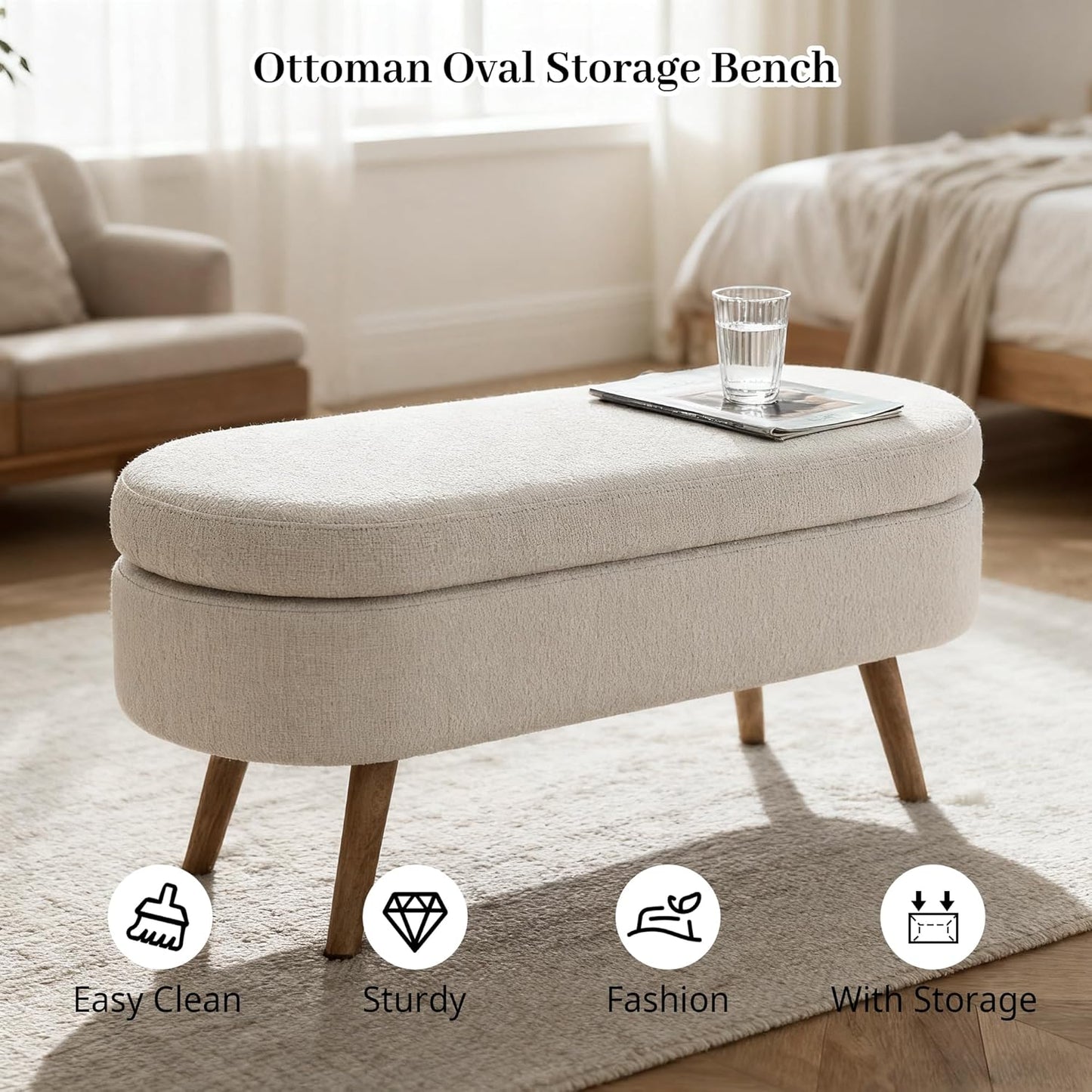 Storage Bench, 43" Storage Ottoman Bench for Bedroom, Upholstered Entryway Benches with Seating, Rubber Wood Legs, Shoe Storages Benches for Bedroom, Living Room, Entryway, Bed Side, Beige