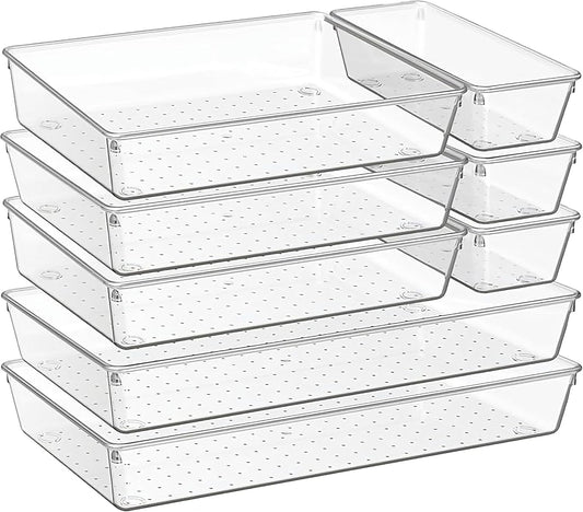 8-Pack Clear Plastic Drawer Organizer Trays – Large Dividers for Kitchen Gadgets, Bathroom Storage, Makeup & Vanity Accessories – Multi-Use Home Essentials for Organized Living