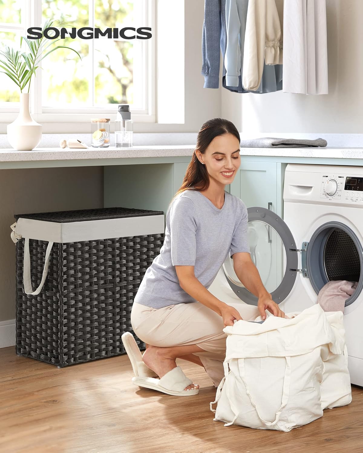 SONGMICS Laundry Hamper with Lid, 110L Clothes Hamper with 2 Removable Liner Bags, 6 Mesh Bags, Wicker Laundry Basket, Double Laundry Hamper for Laundry Room, 13 x 22.4 x 23.6 Inches Black ULCB52BK