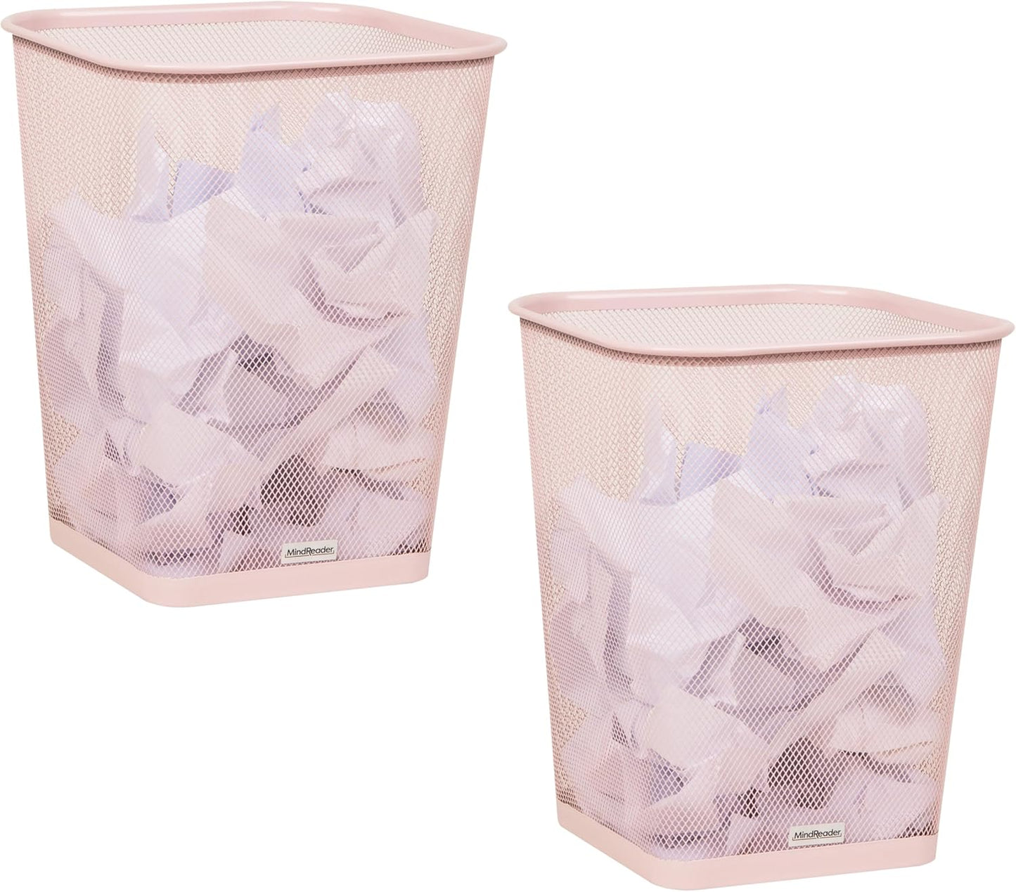 Mind Reader Mesh Trash Can, Square Wastebasket for Office or Home, 5 Gallon Capacity, Metal Mesh, Set of 2, Pink